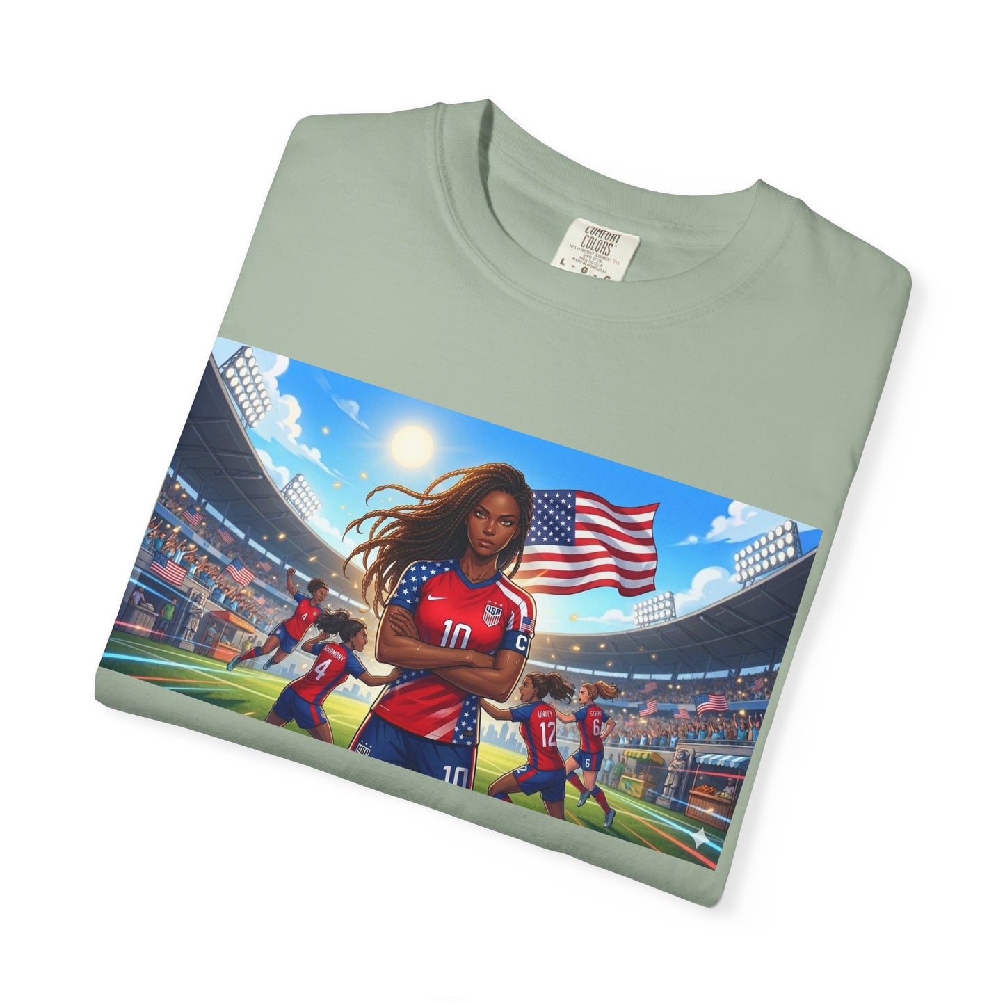 Soccer Mom USA T-Shirt — Female Soccer Player with American Flag Stadium Graphic