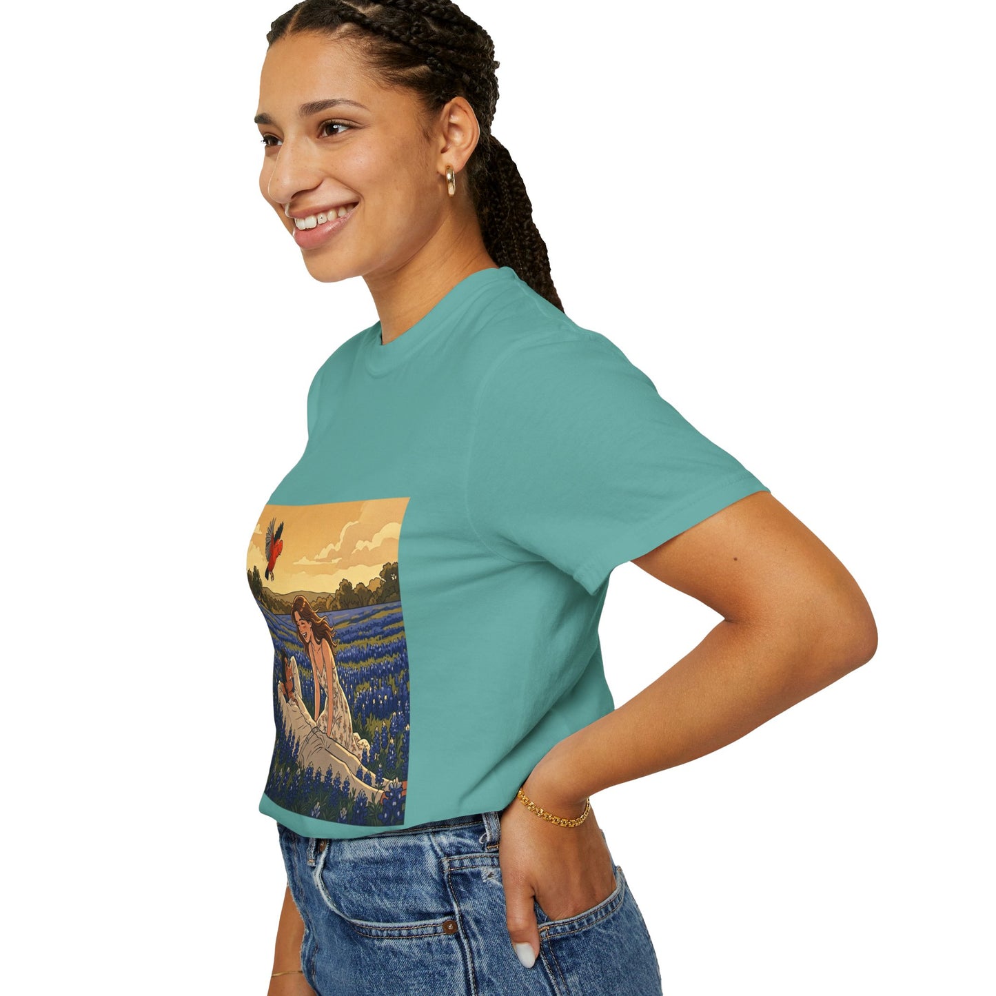 Romantic Bluebonnet Field T-Shirt — Couple in Wildflower Meadow Art Tee