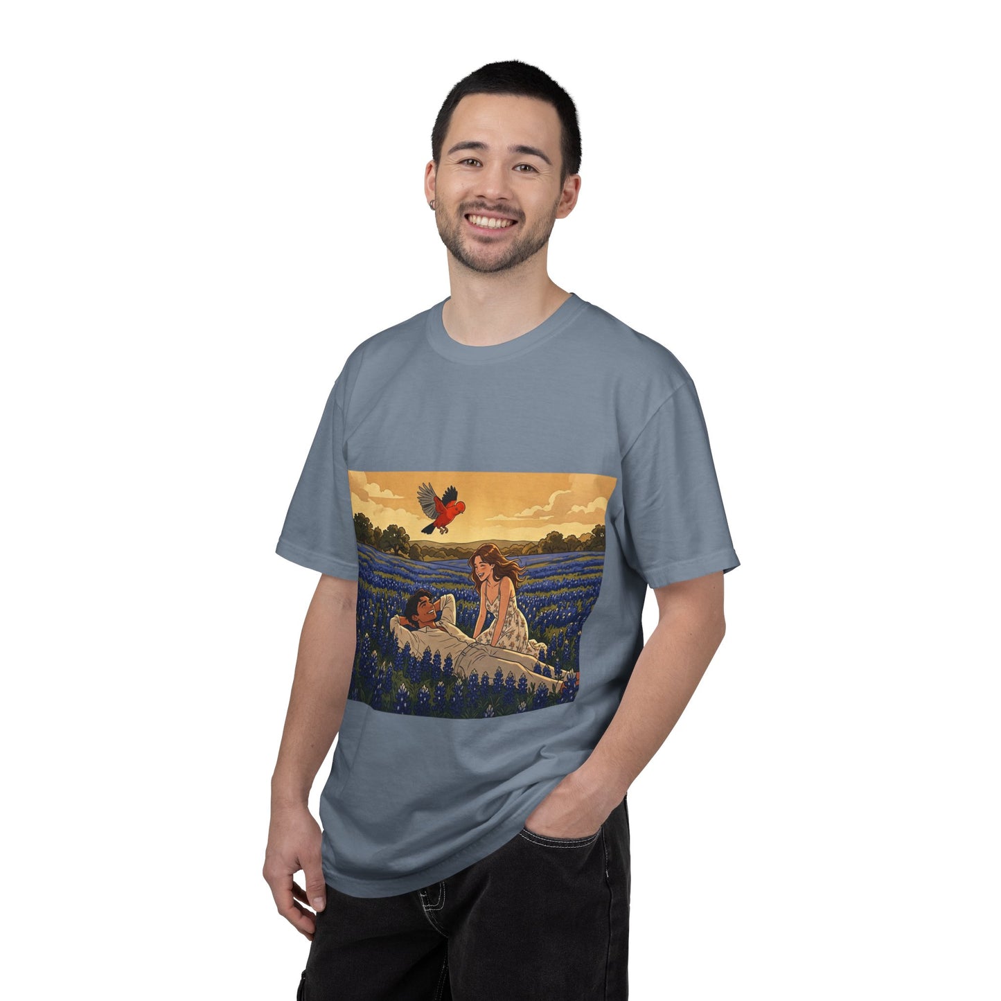 Romantic Bluebonnet Field T-Shirt — Couple in Wildflower Meadow Art Tee