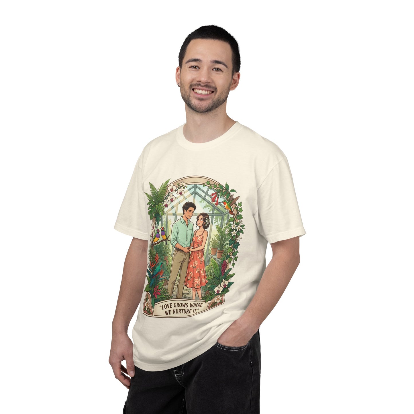 Romantic Greenhouse Couples T-Shirt — “Love Grows Where We Nurture It”