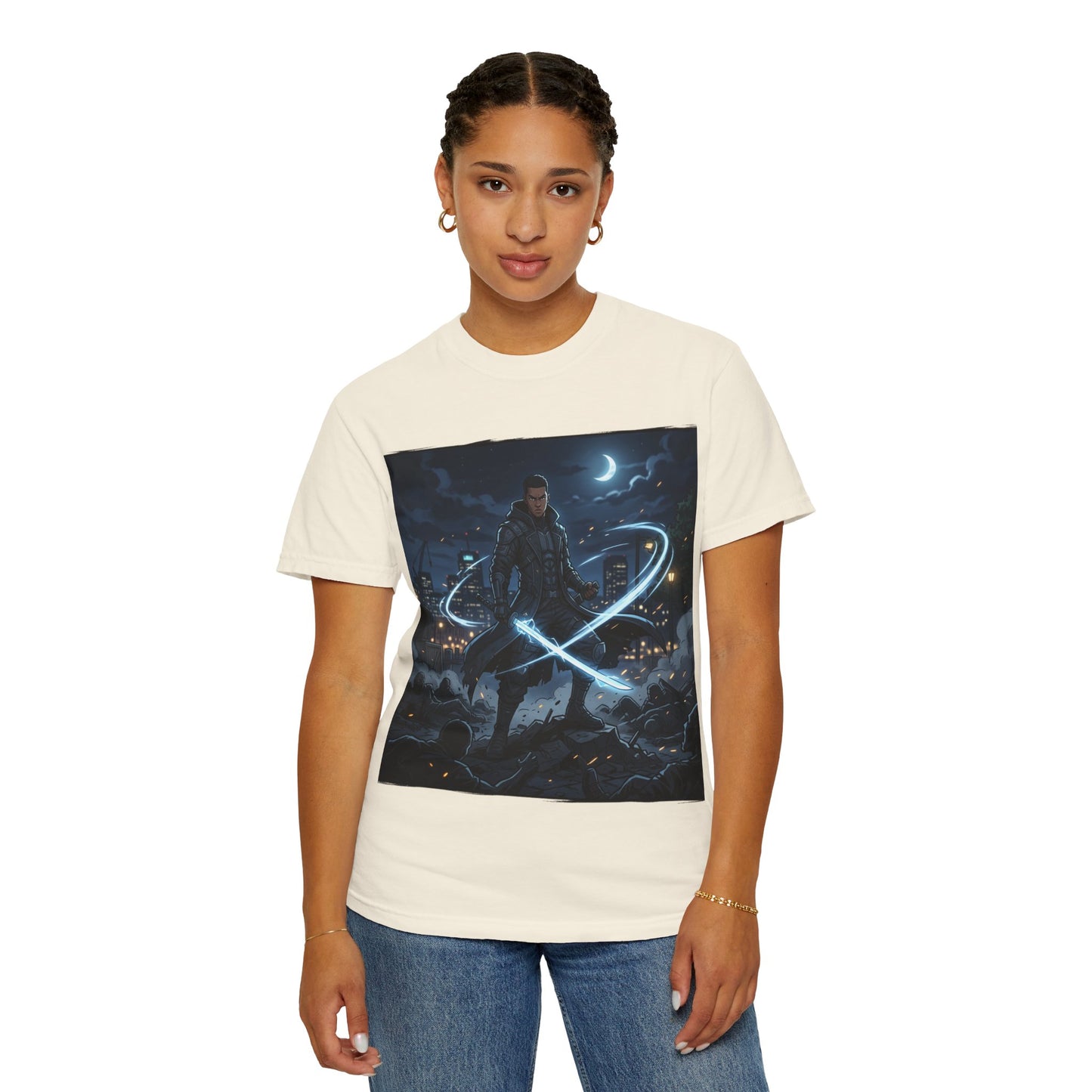 Urban Night Warrior T-Shirt — Neon Samurai Cityscape