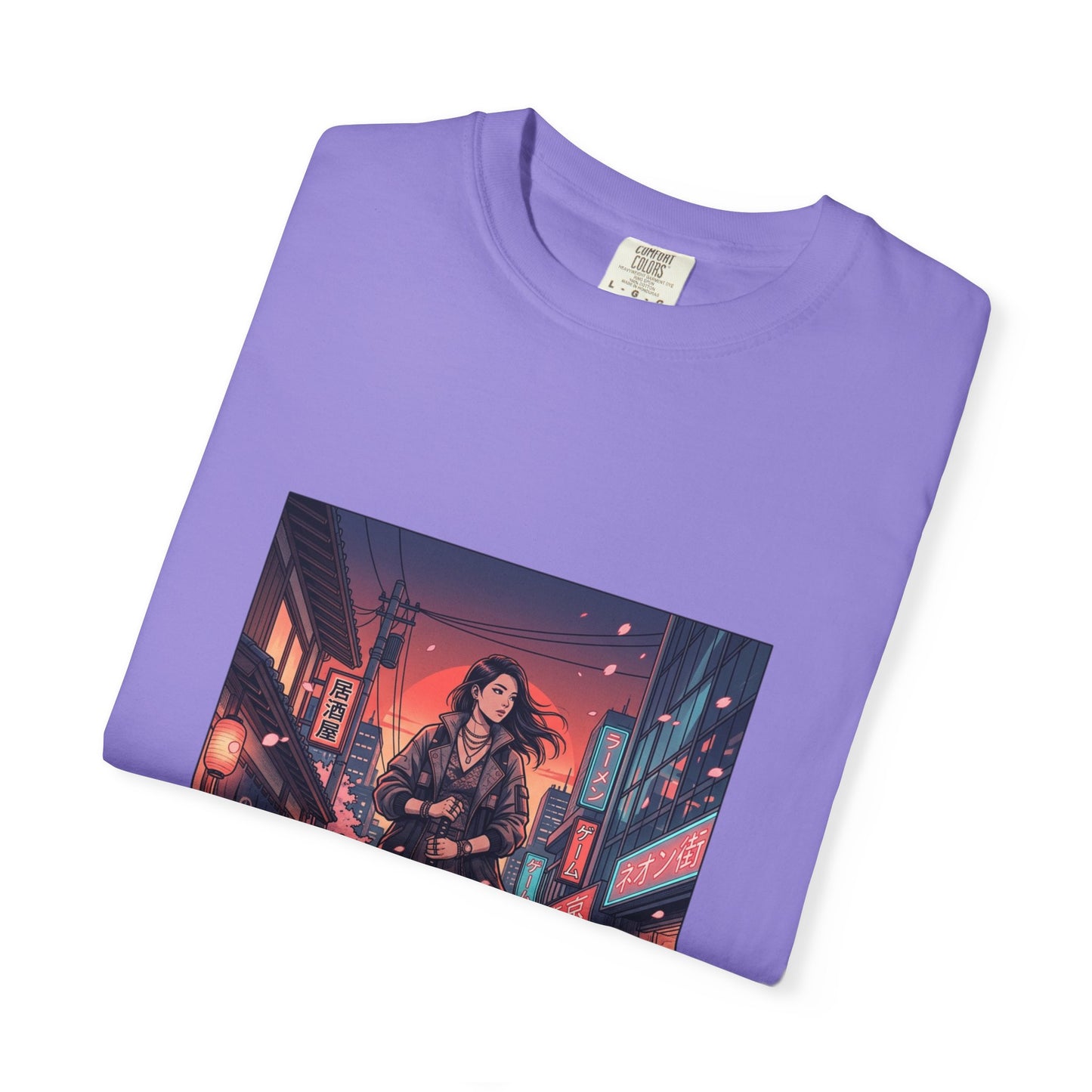 Cyberpunk Night Streets T‑Shirt — Neon Samurai Girl Graphic Tee