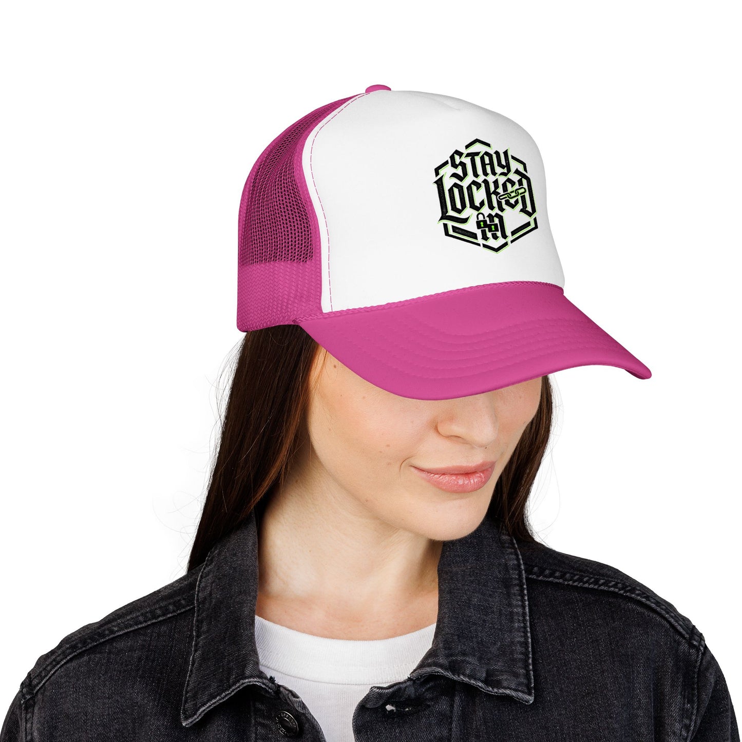 Trucker Hat – Neon 'Stay Lucked In' Embroidered Mesh Cap