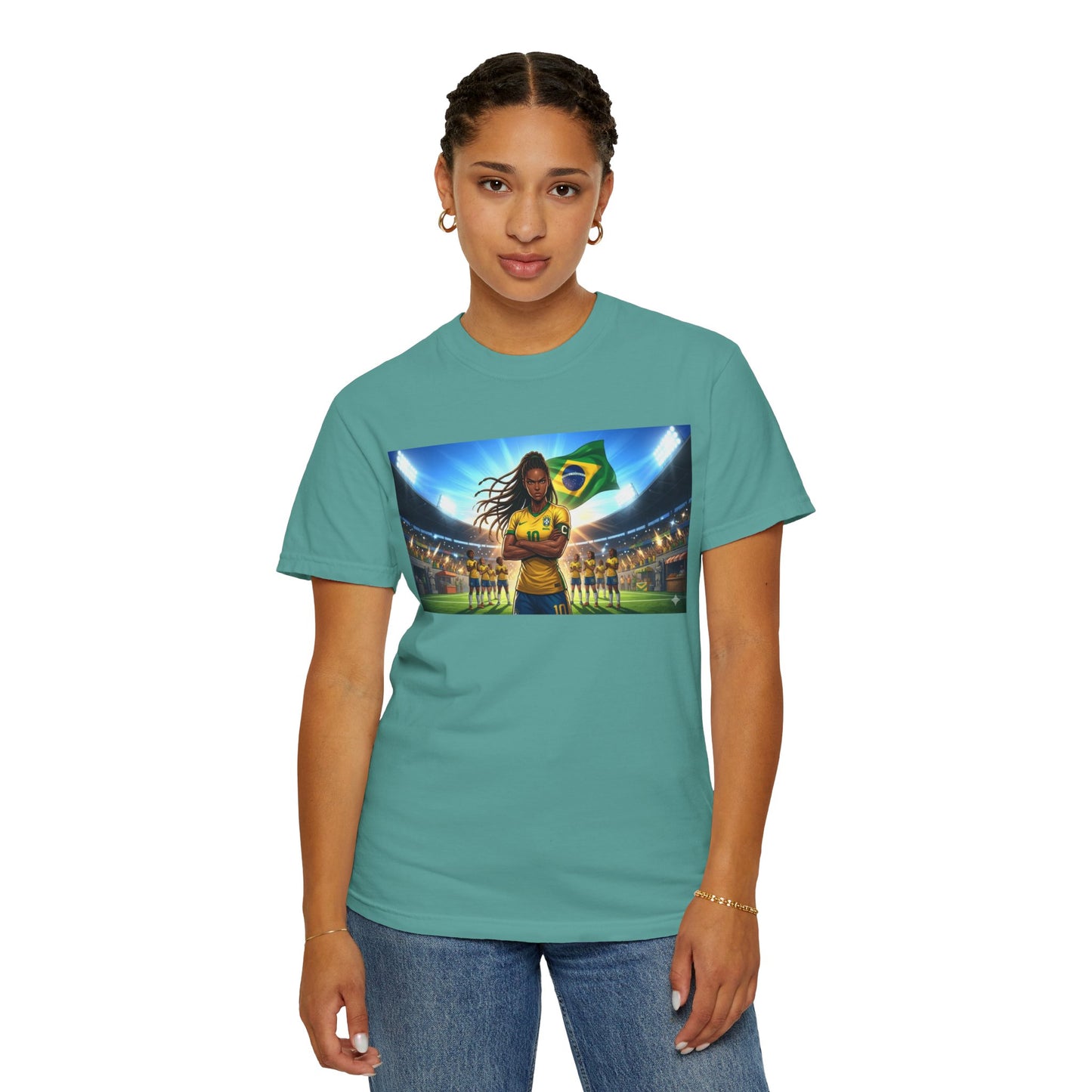 Brazil Soccer Captain T-Shirt — Player Holding Ball with Brazilian Flag Stadium Graphic