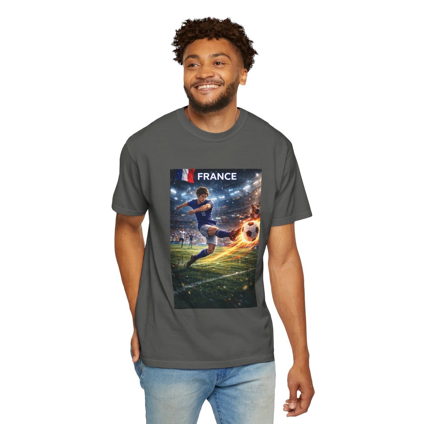 France Soccer Player Graphic T-Shirt — Football Kick Stadium Design
