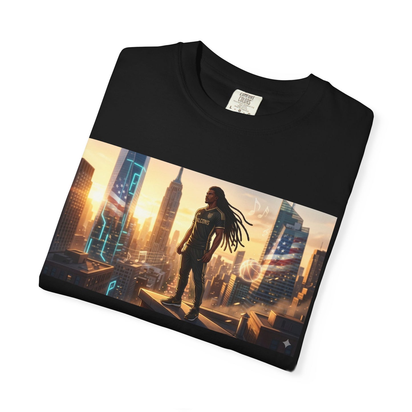 Cyberpunk Cityscape T-Shirt — Silhouette Hero at Sunset