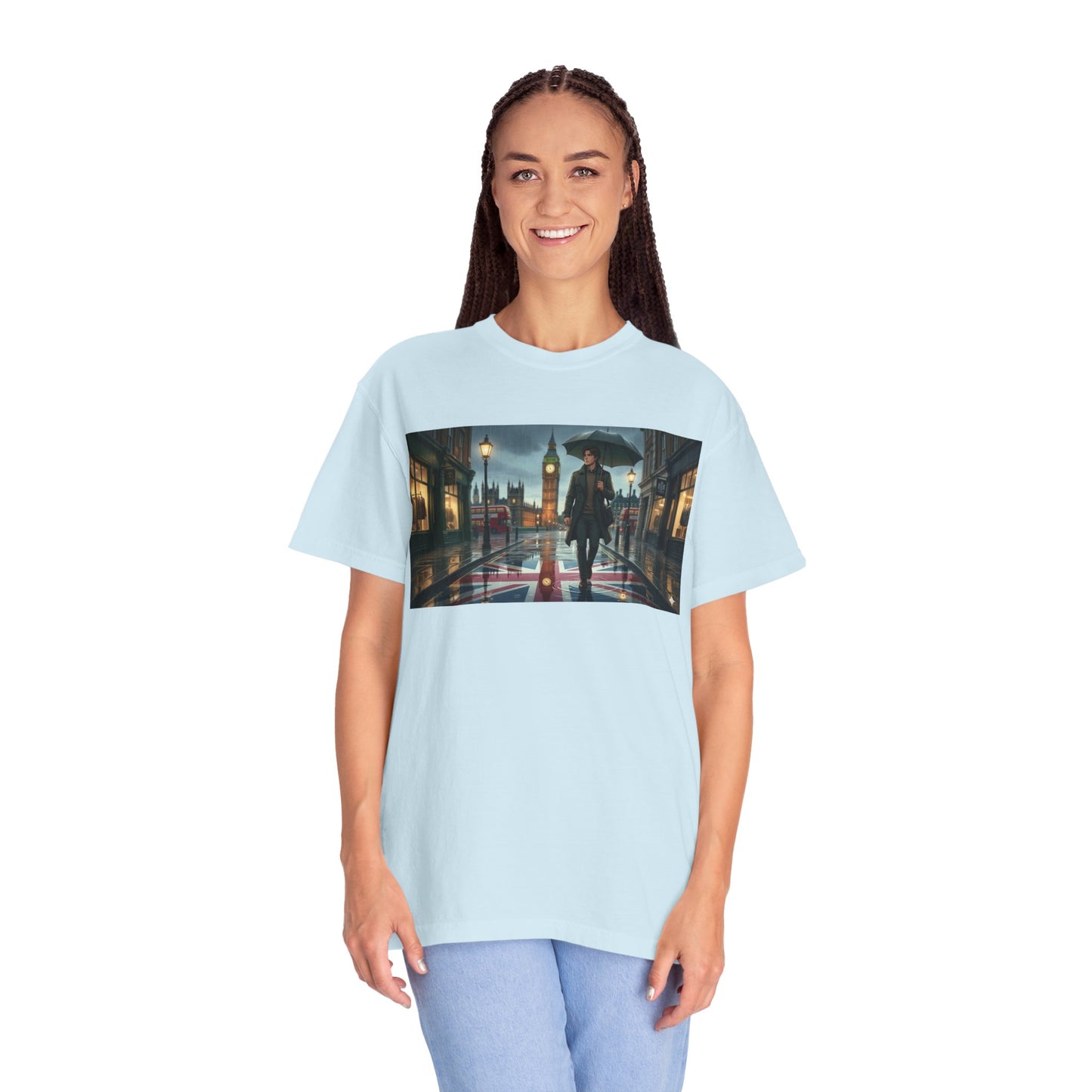 T-Shirt — Rainy London Street Scene Graphic Tee (Big Ben, Umbrella, Night Cityscape)