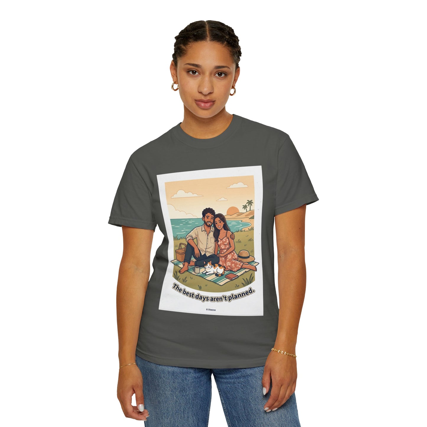 Beach Picnic Couple T‑Shirt — “The best days aren’t planned.” Relaxed Vacation Tee