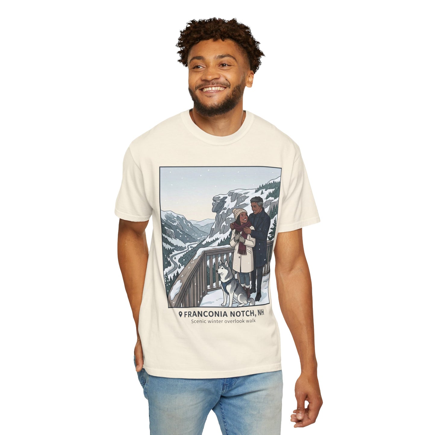 Franconia Notch NH Winter View T-Shirt — Scenic Couple & Husky Travel Tee