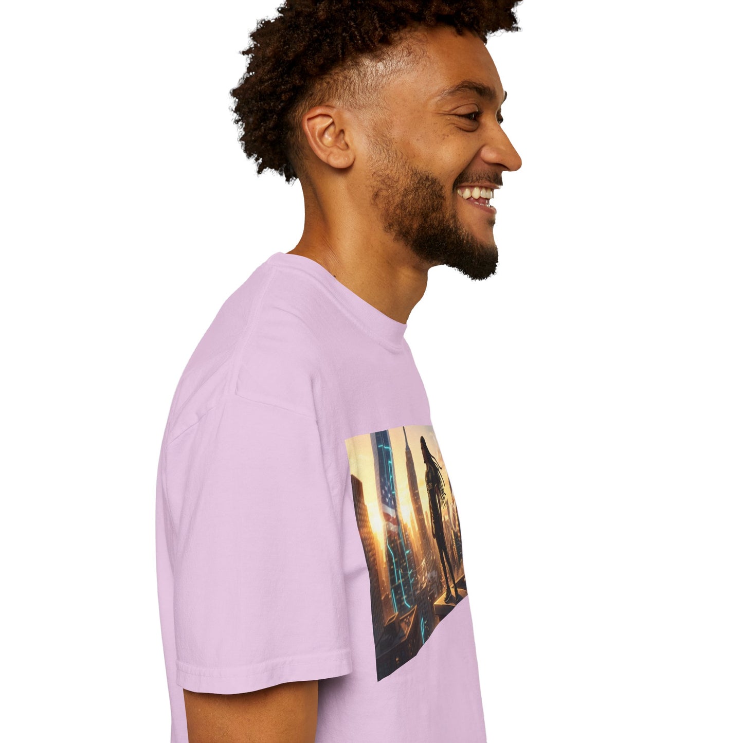 Cyberpunk Cityscape T-Shirt — Silhouette Hero at Sunset