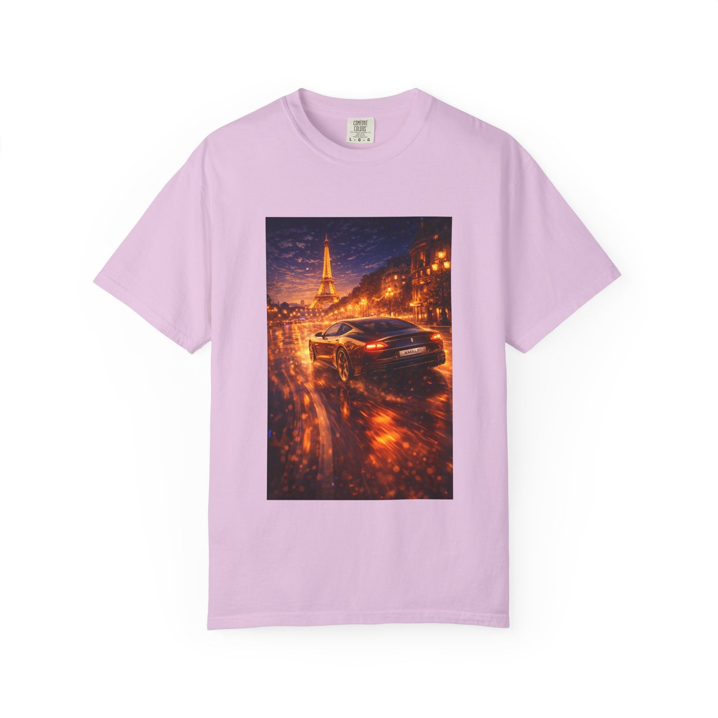 Paris Night Drive T-Shirt — Sports Car in Rainy Cityscape