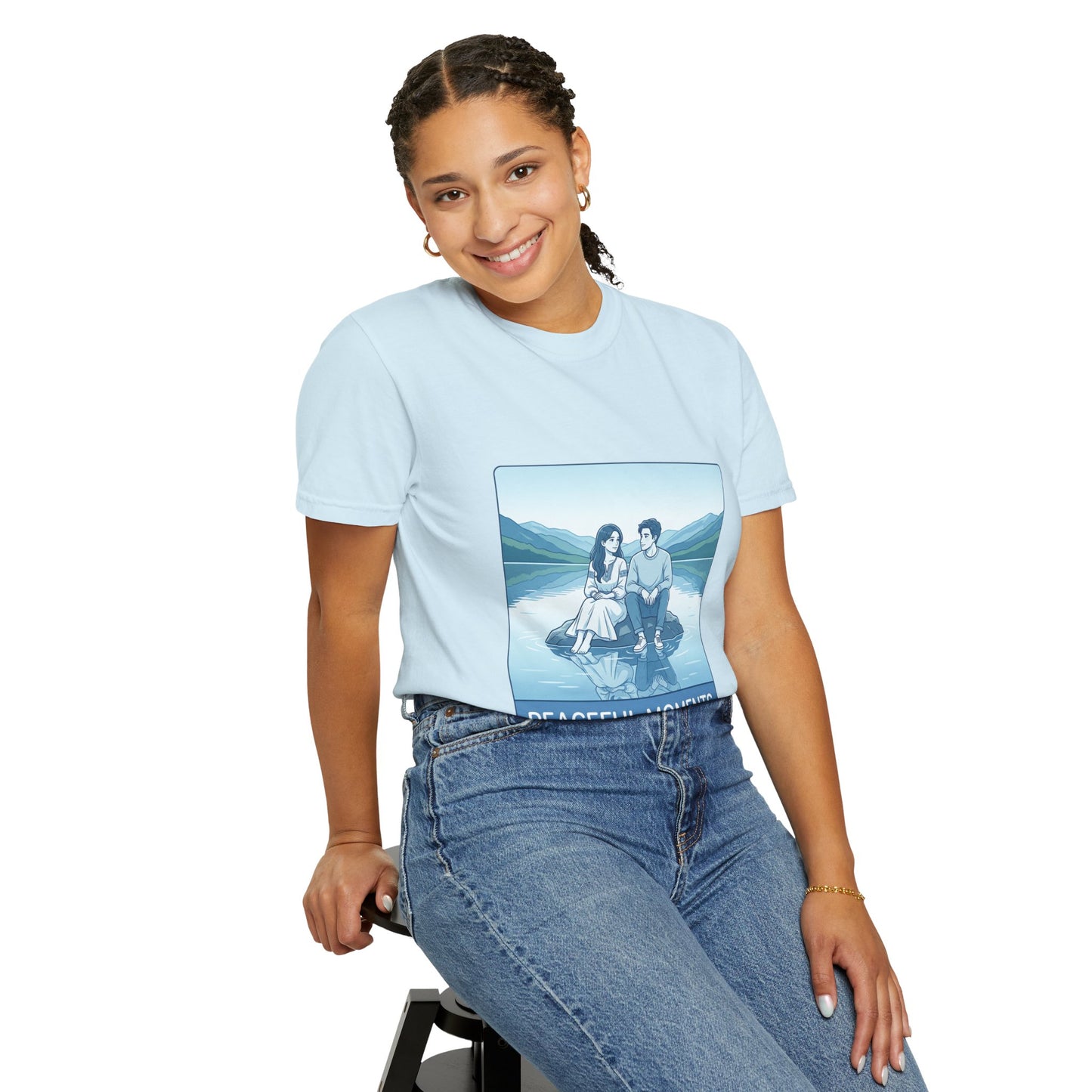 Peaceful Moments Tee — Couple Sitting by Lake Graphic T-Shirt