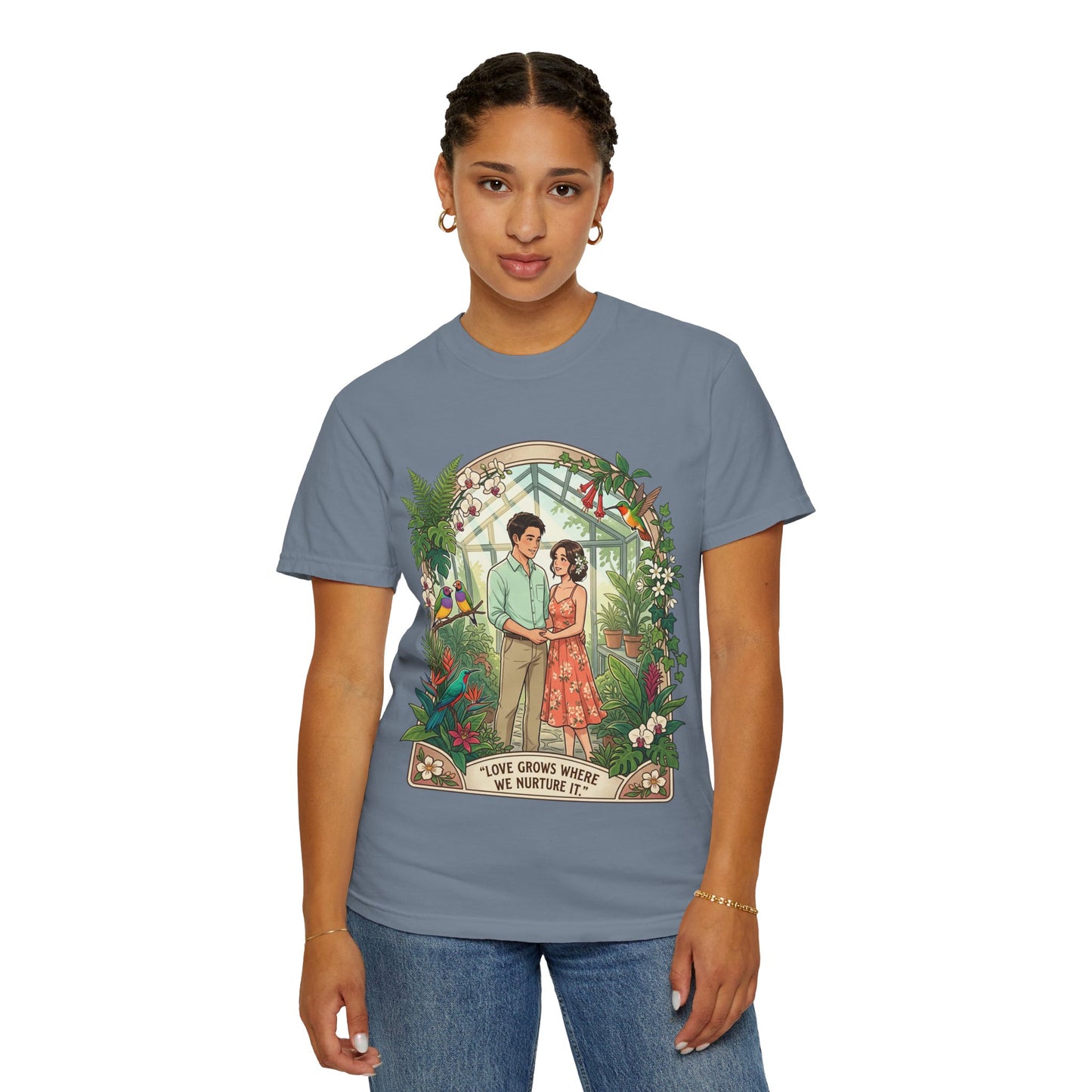Romantic Greenhouse Couples T-Shirt — “Love Grows Where We Nurture It”