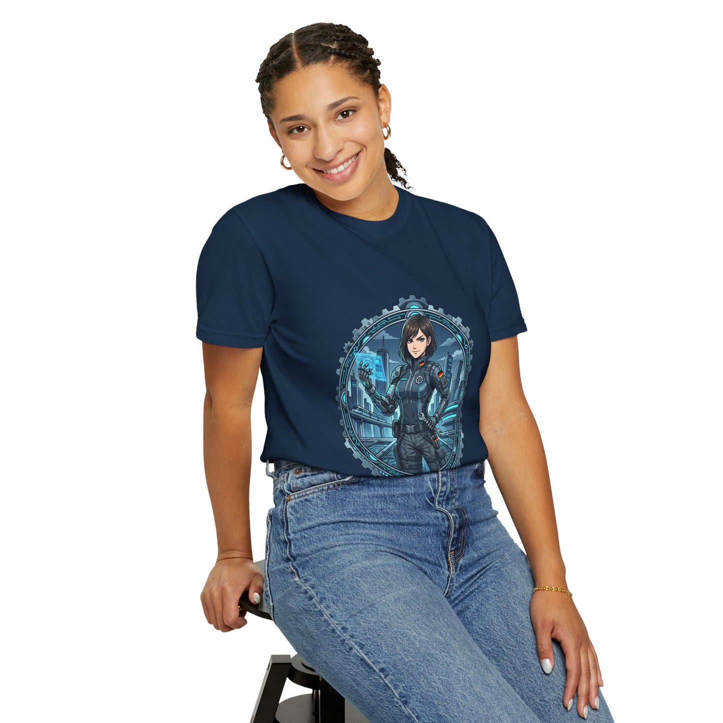 Cyber Ninja Graphic T-Shirt — Futuristic Female Warrior Illustration