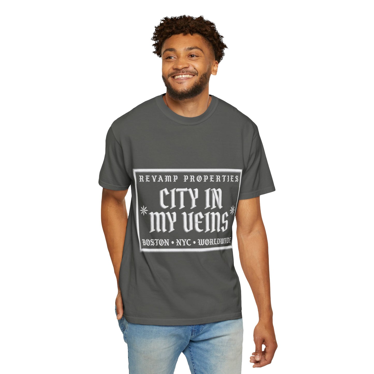 City In My Veins T‑Shirt — Vintage Cityscape Tee (Boston • NYC • Manchester)