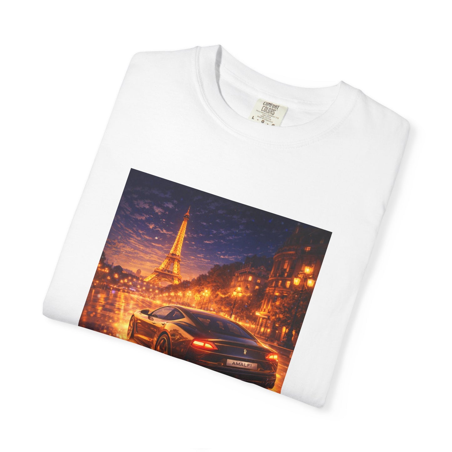 Paris Night Drive T-Shirt — Sports Car in Rainy Cityscape