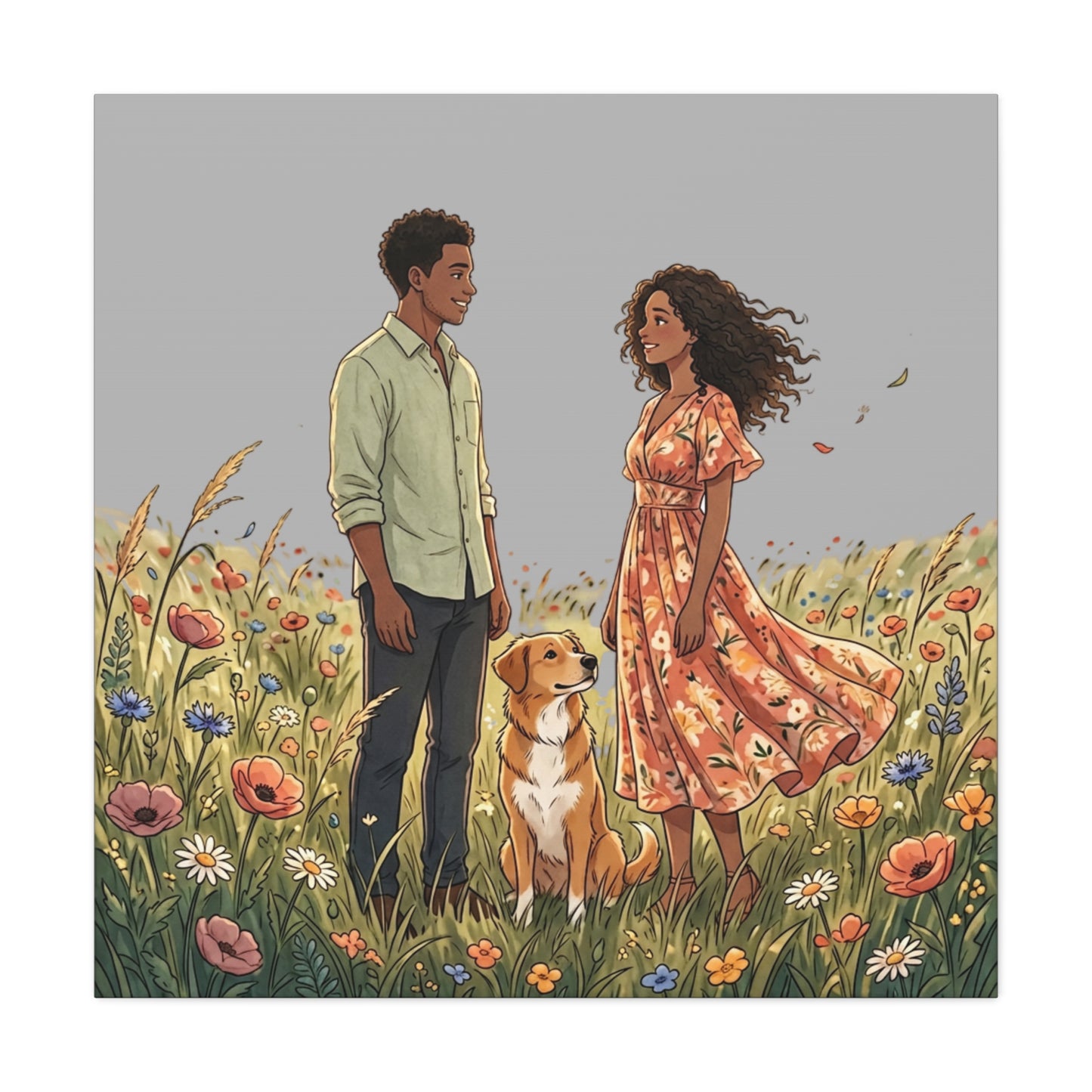 Romantic Couple in Wildflower Field Canvas Art — Black Love Wall Decor with Dog