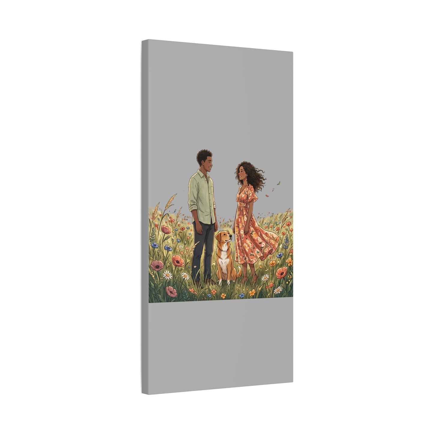 Romantic Couple in Wildflower Field Canvas Art — Black Love Wall Decor with Dog