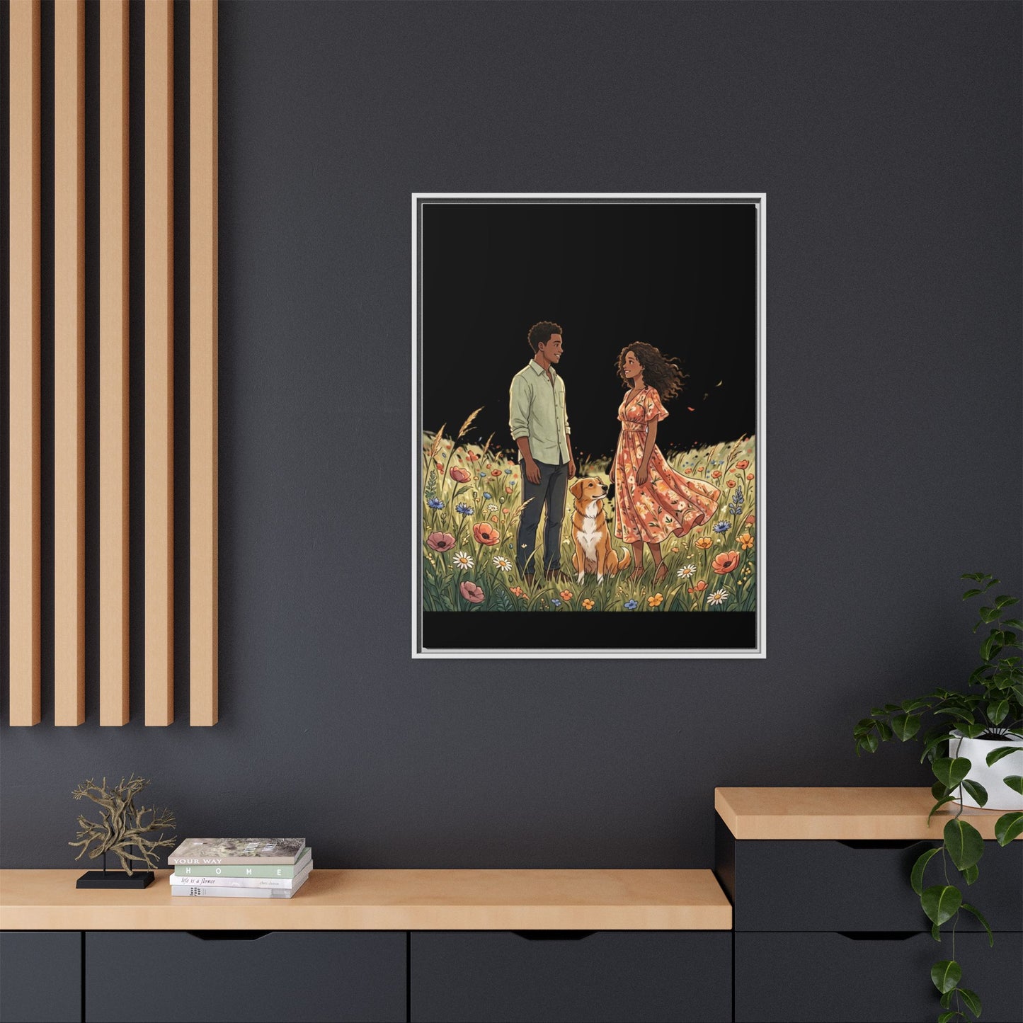 Framed Matte Canvas Print — Romantic Couple in Wildflower Field (Multi‑Color)