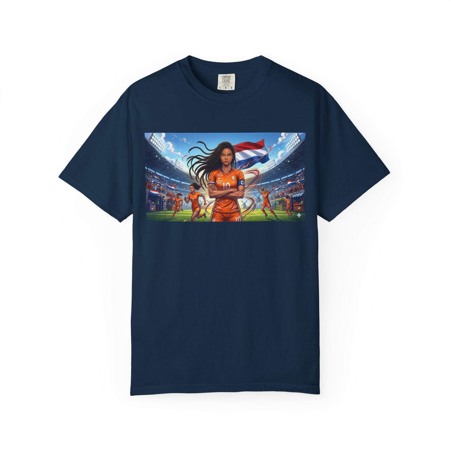 Soccer Warrior T-Shirt — Netherlands Female Captain with Flag Stadium Graphic