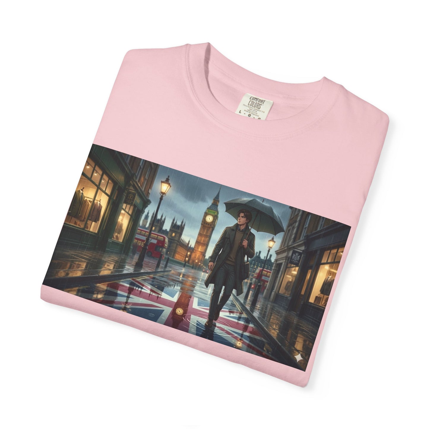 T-Shirt — Rainy London Street Scene Graphic Tee (Big Ben, Umbrella, Night Cityscape)