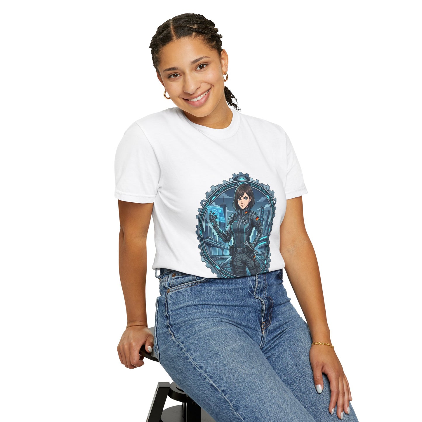 Cyber Ninja Graphic T-Shirt — Futuristic Female Warrior Illustration