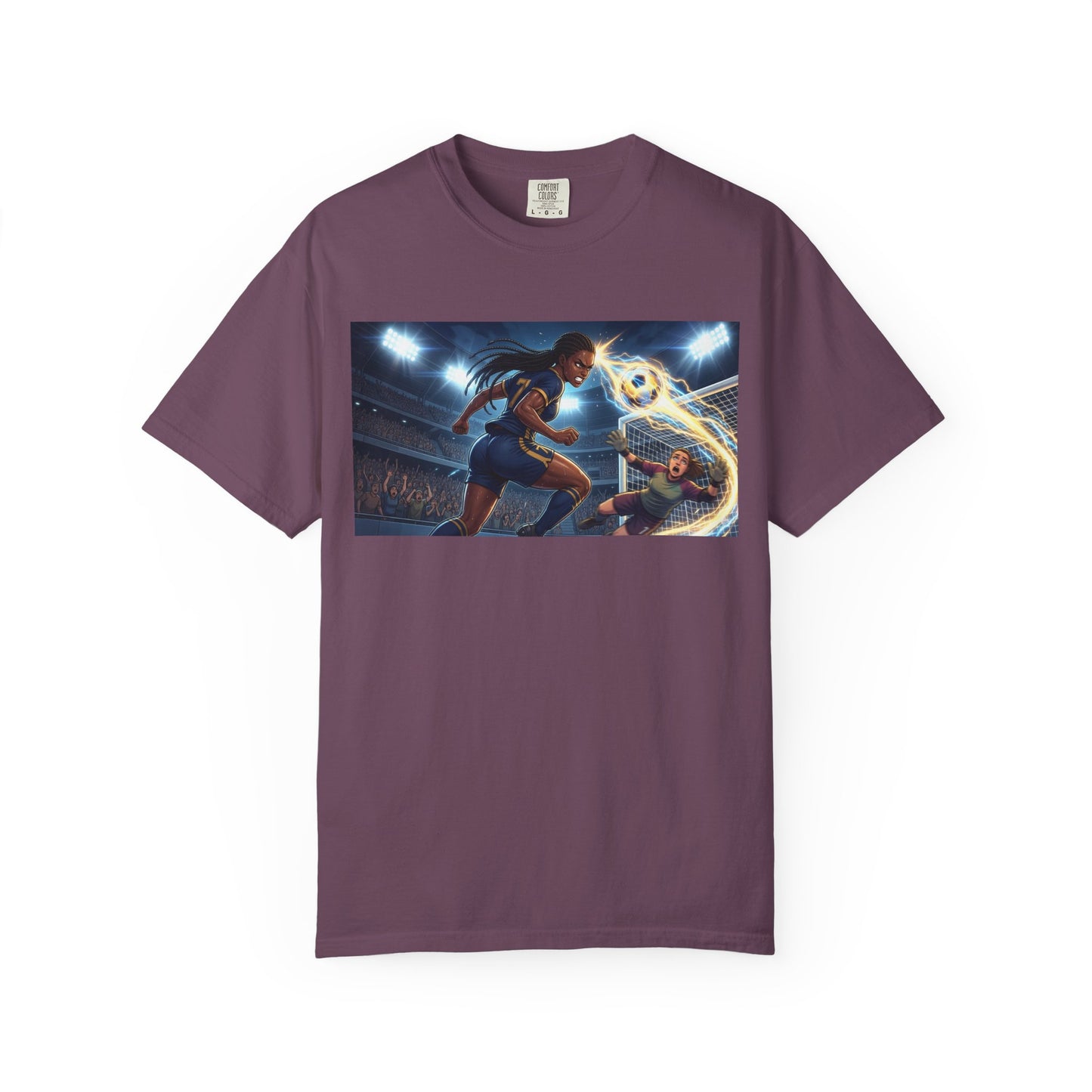 Soccer Duel Graphic T-Shirt — Futuristic Goalkeeper vs Striker Stadium Print
