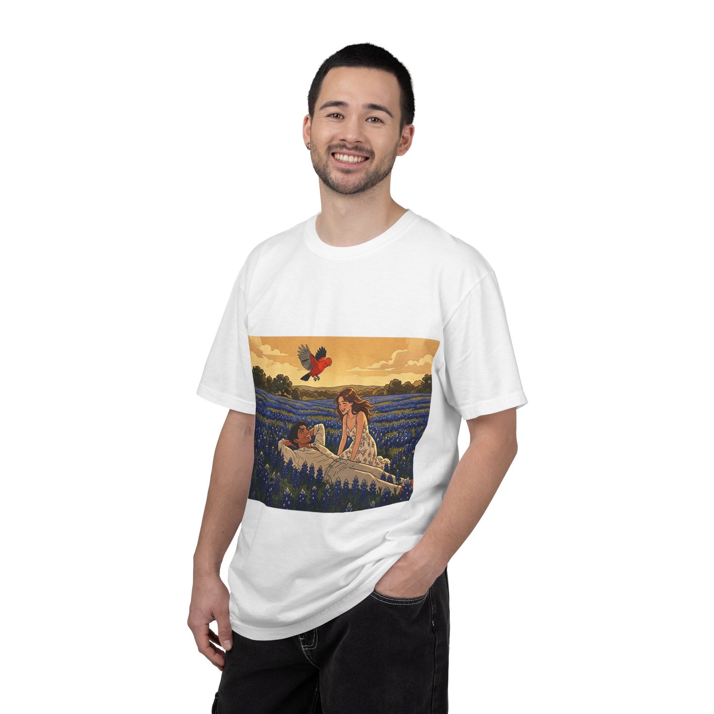 Romantic Bluebonnet Field T-Shirt — Couple in Wildflower Meadow Art Tee