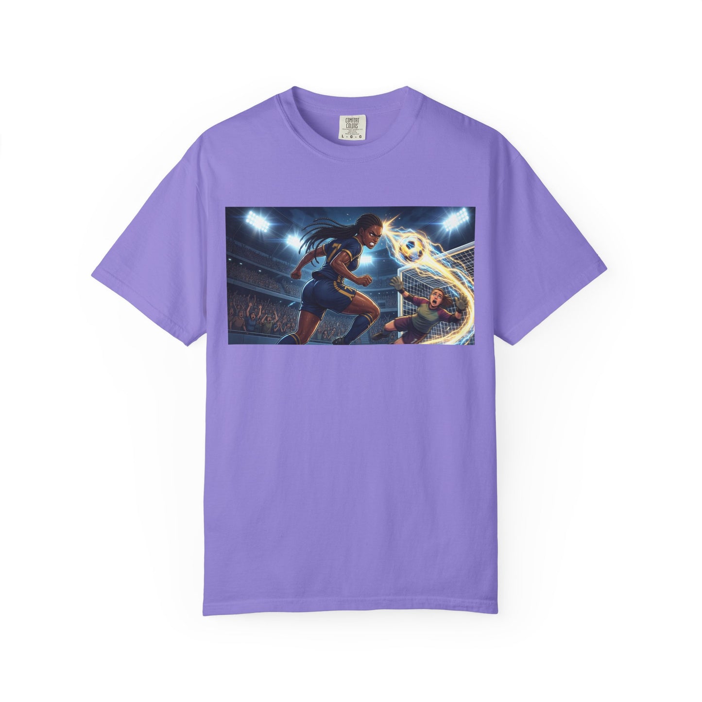 Soccer Duel Graphic T-Shirt — Futuristic Goalkeeper vs Striker Stadium Print