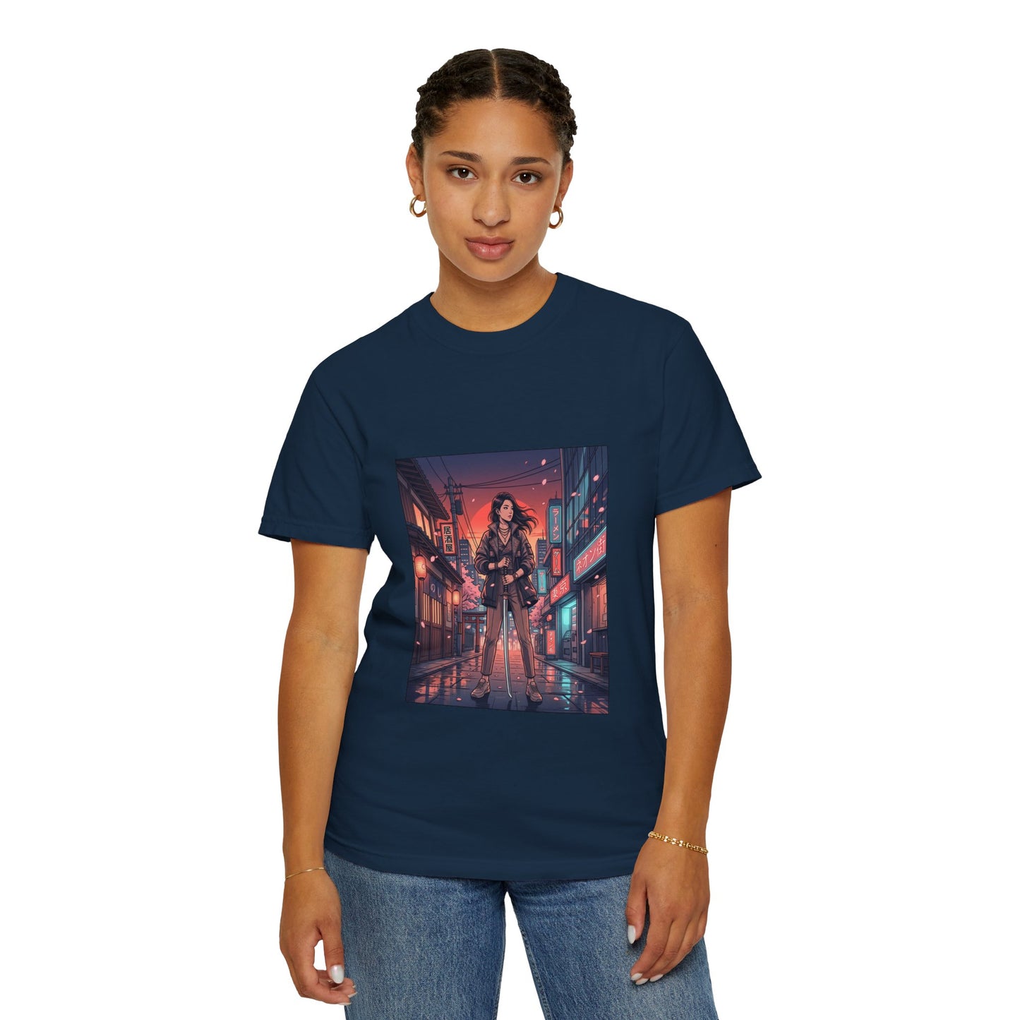 Cyberpunk Night Streets T‑Shirt — Neon Samurai Girl Graphic Tee