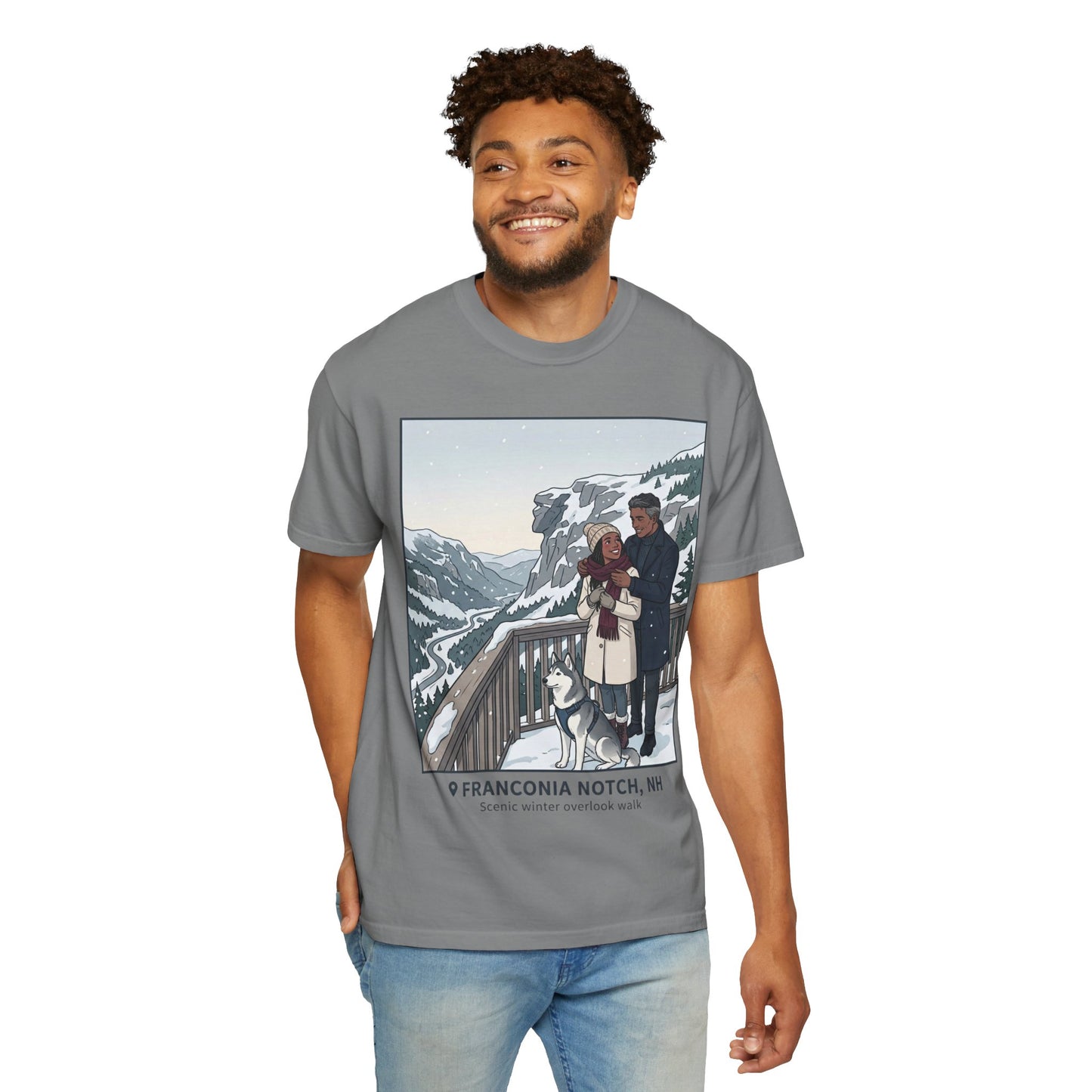 Franconia Notch NH Winter View T-Shirt — Scenic Couple & Husky Travel Tee