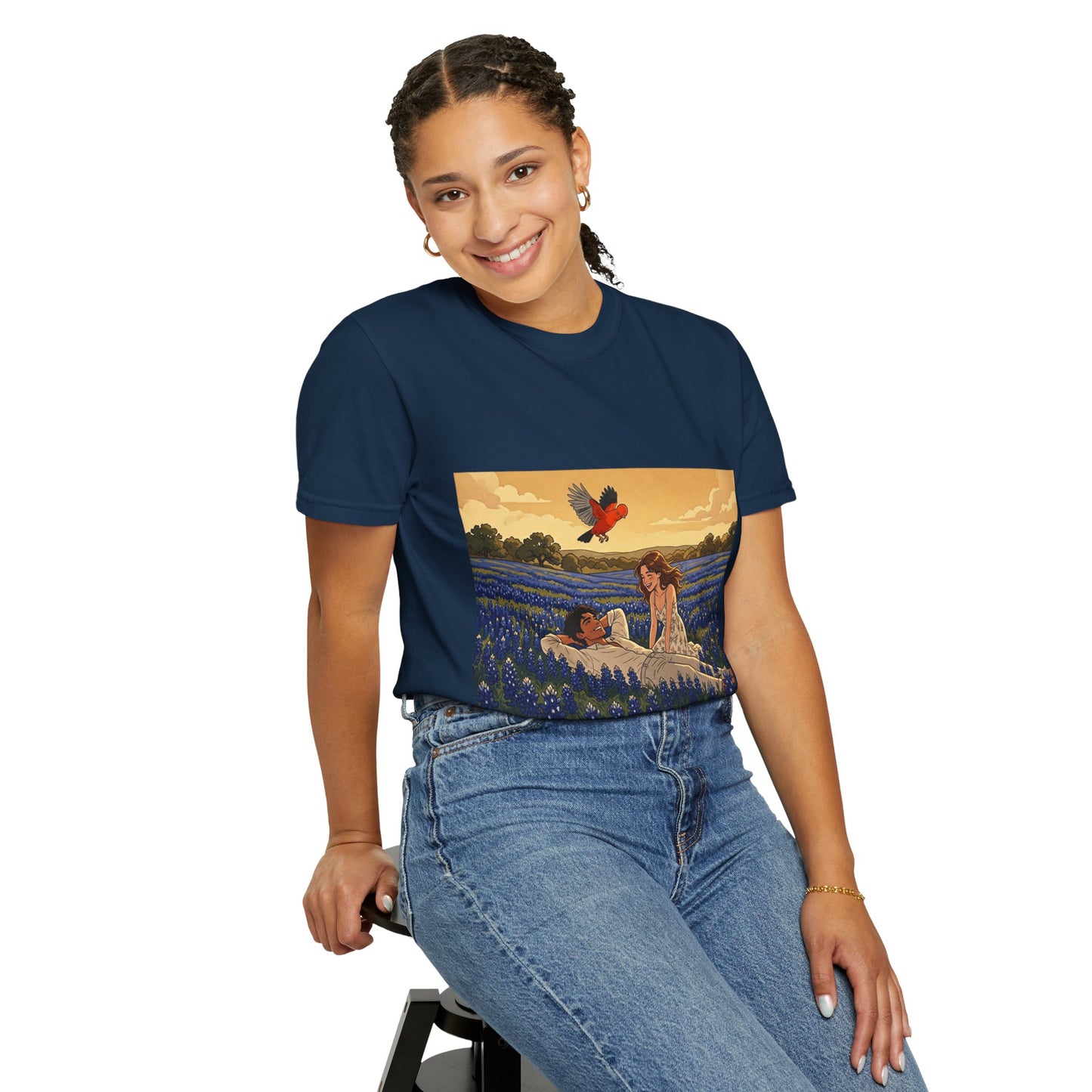 Romantic Bluebonnet Field T-Shirt — Couple in Wildflower Meadow Art Tee