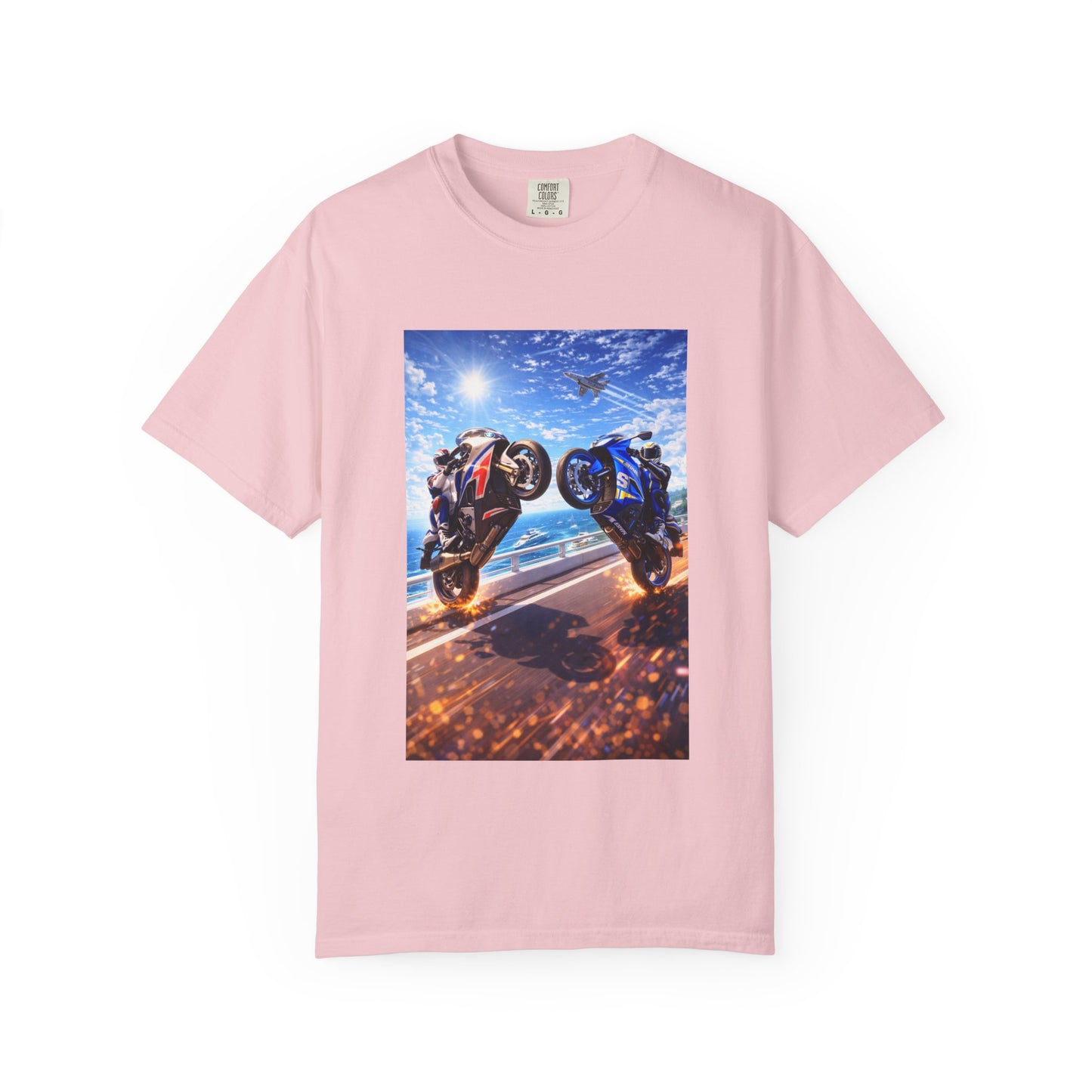 Stunt Riders Motorcycle T-Shirt — Two Bike Wheelie Racing Graphic Tee