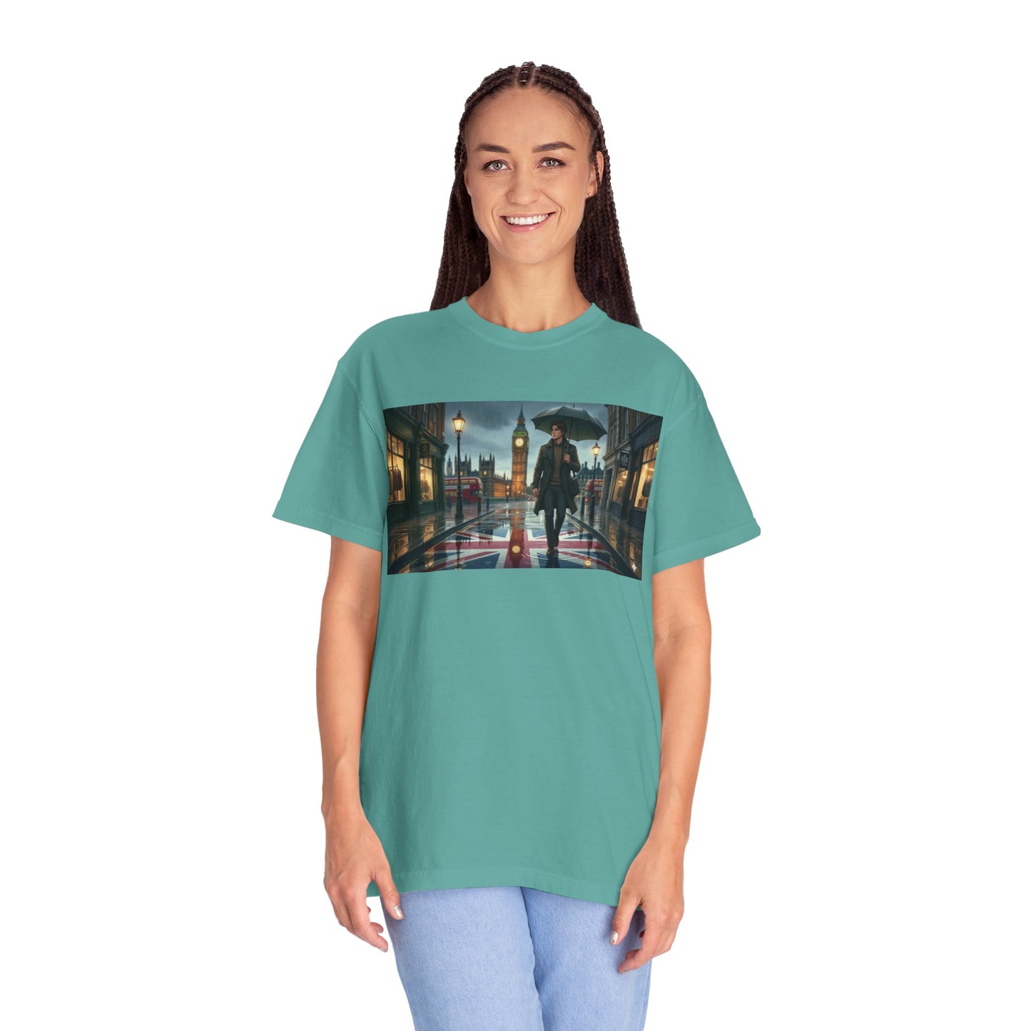 T-Shirt — Rainy London Street Scene Graphic Tee (Big Ben, Umbrella, Night Cityscape)