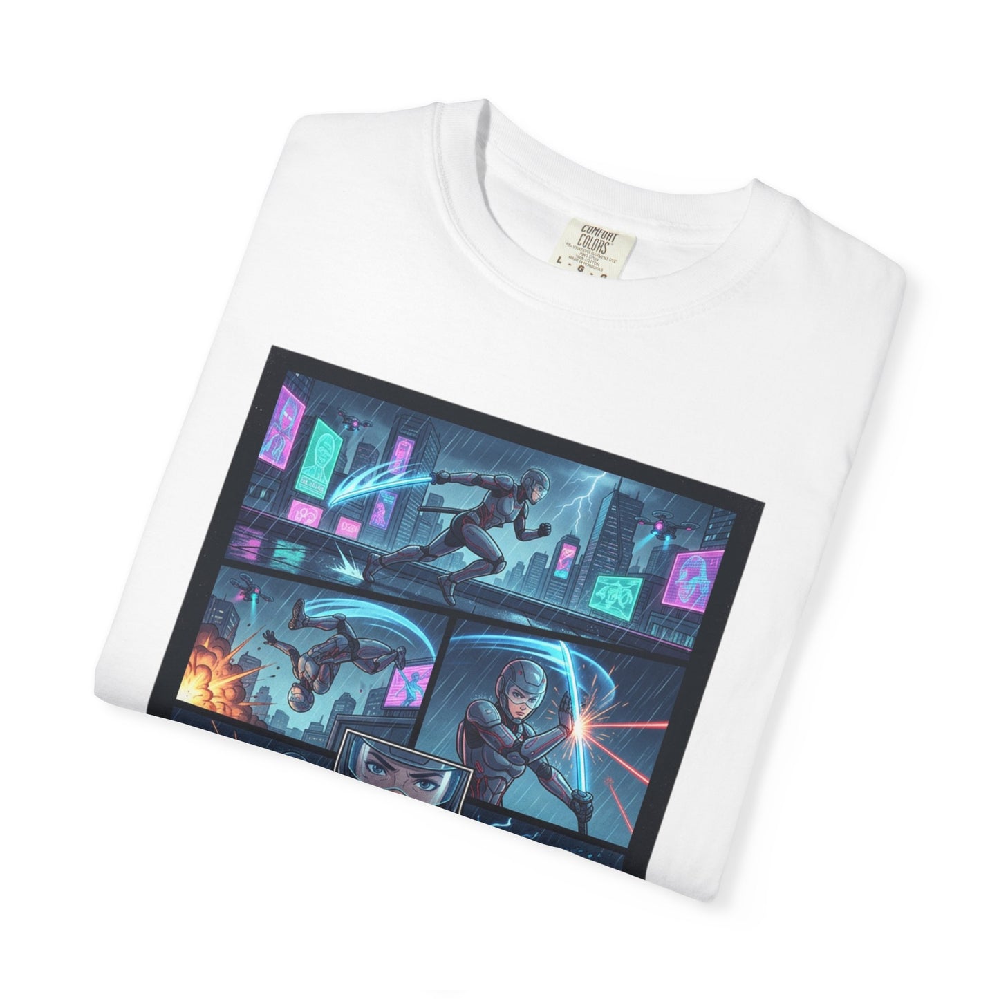 Cyberpunk Girl Samurai T-Shirt — Neon Manga Panel Graphic Tee