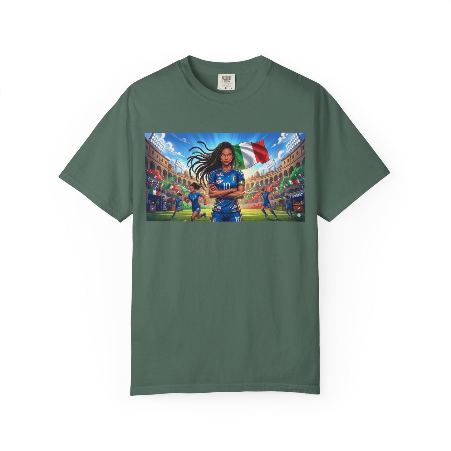 Italian Soccer Fan T‑Shirt – Inspirational Female Player with Italy Flag Stadium Print
