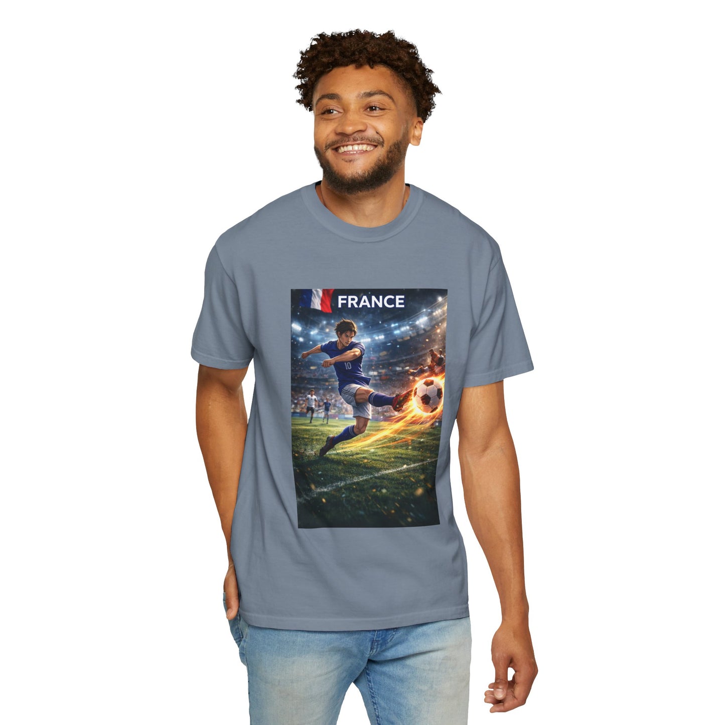 France Soccer Player Graphic T-Shirt — Football Kick Stadium Design