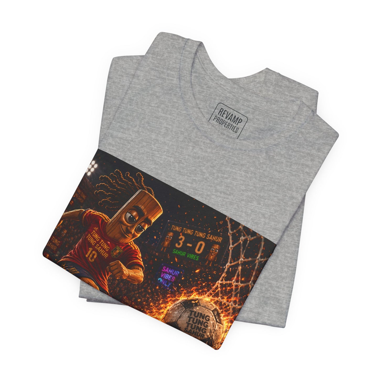 Tung Tung Tung Sahur Soccer Kick Firestorm Graphic Tee — ‘Goal’ Animated Kick Design