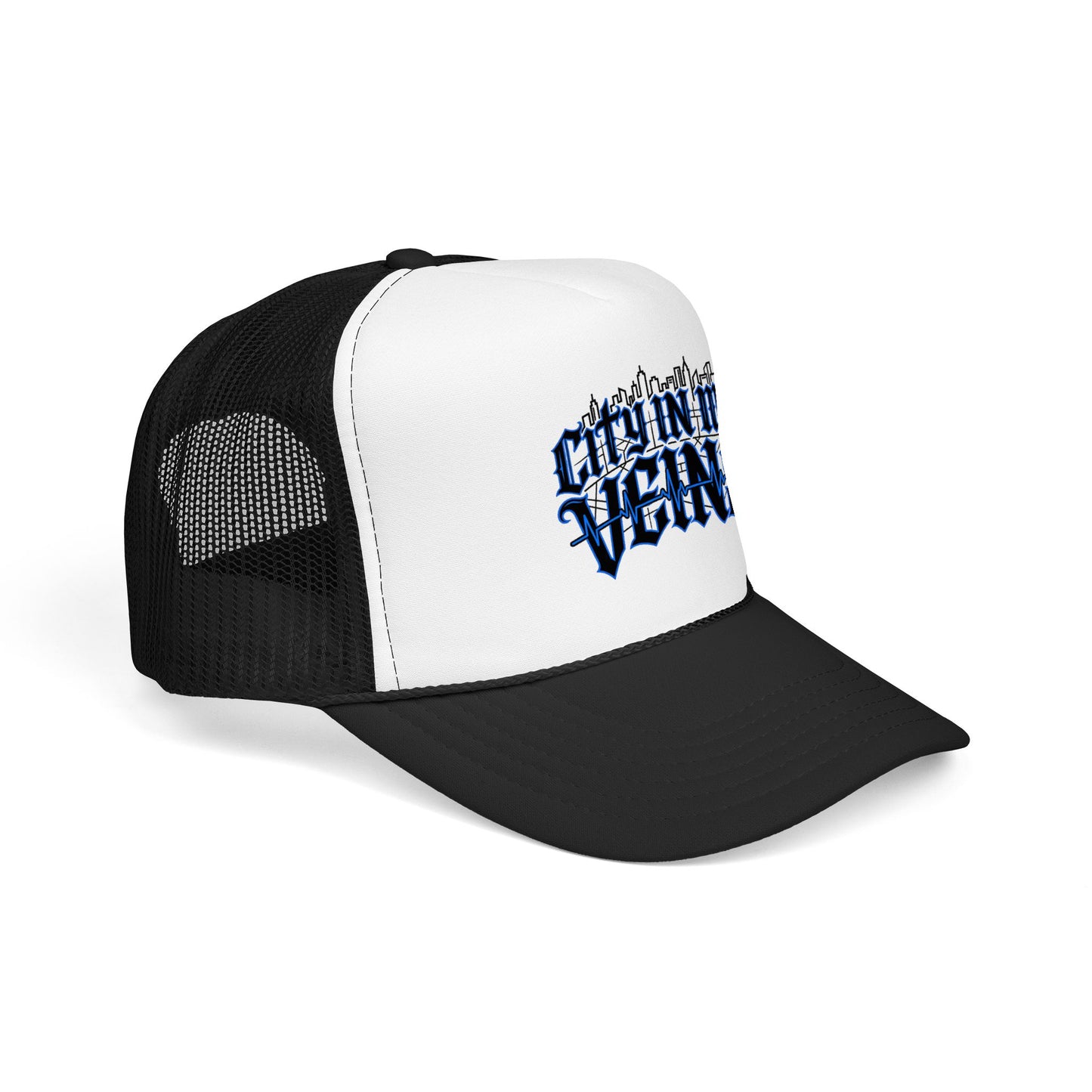 City In My Veins Foam Trucker Hat — Urban Gothic Blue Embroidered Cap