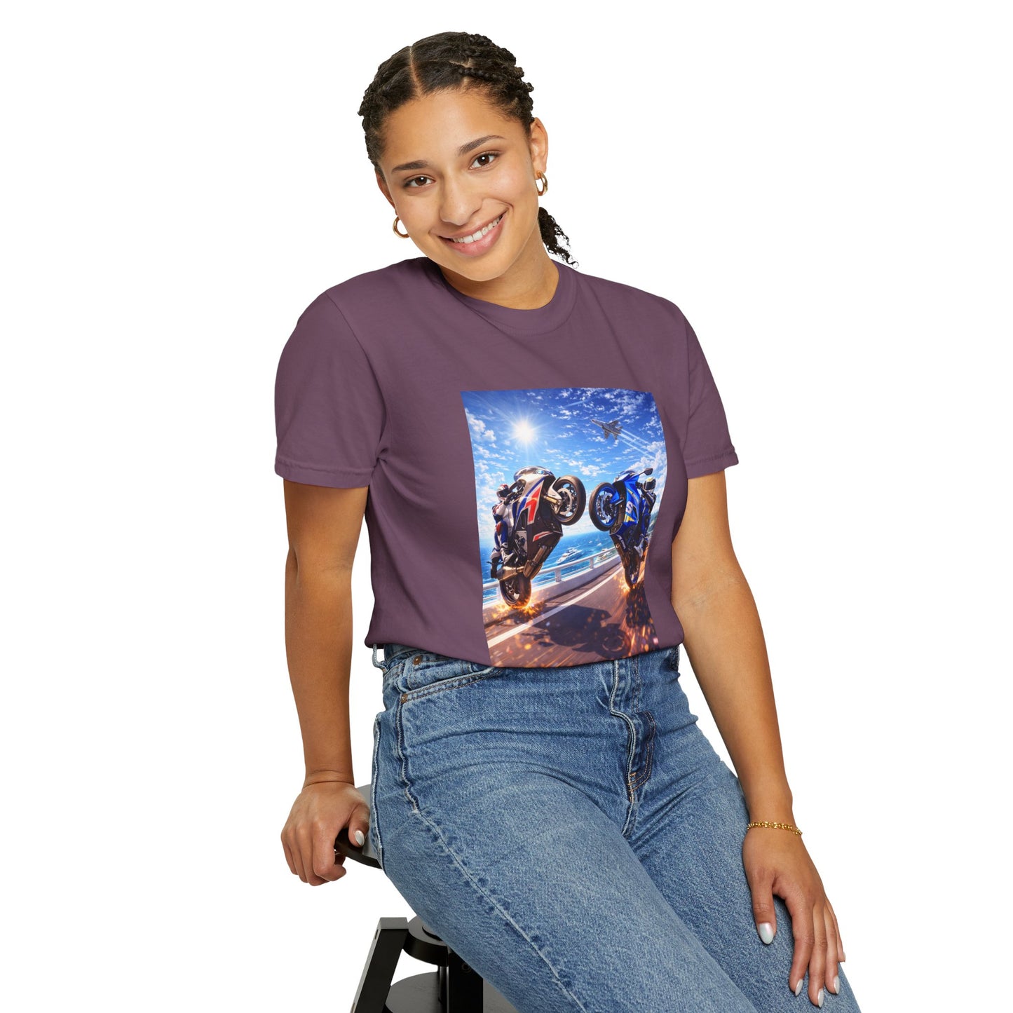 Stunt Riders Motorcycle T-Shirt — Two Bike Wheelie Racing Graphic Tee