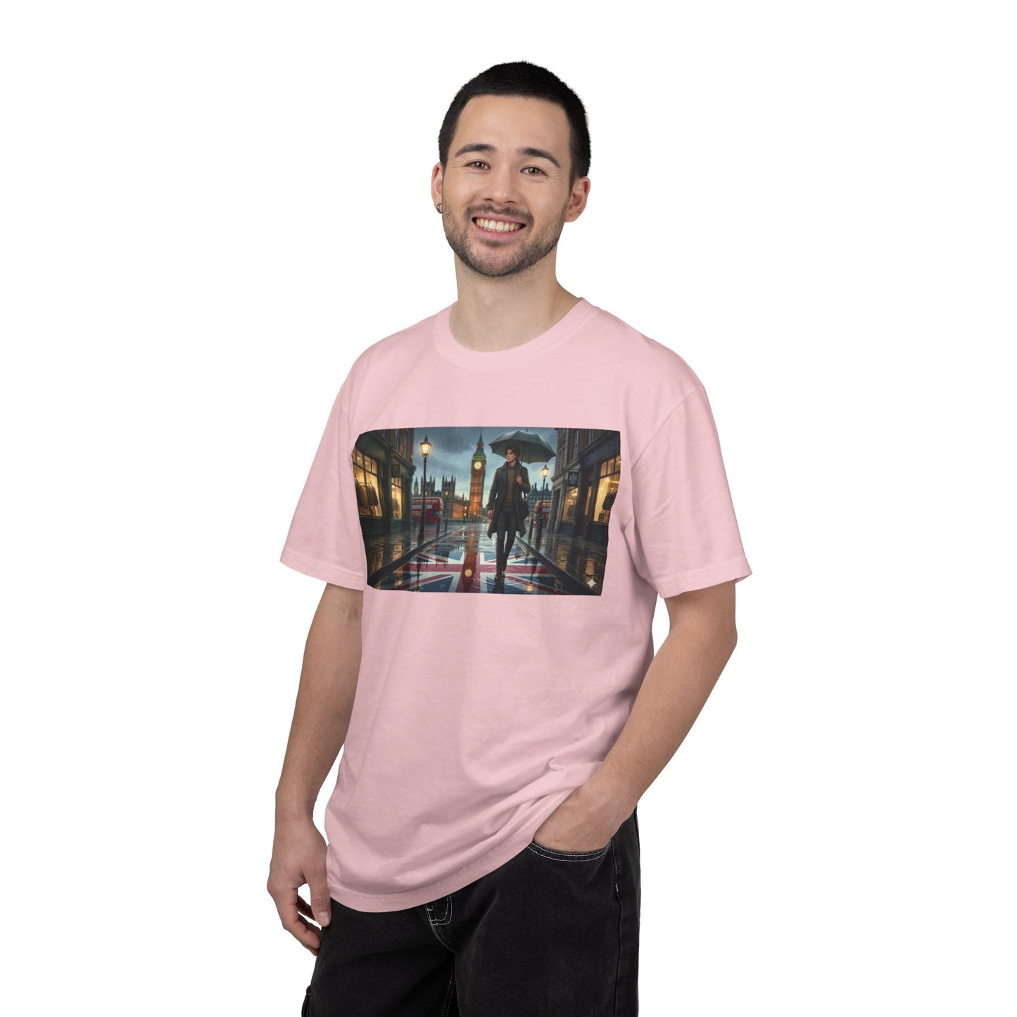 T-Shirt — Rainy London Street Scene Graphic Tee (Big Ben, Umbrella, Night Cityscape)