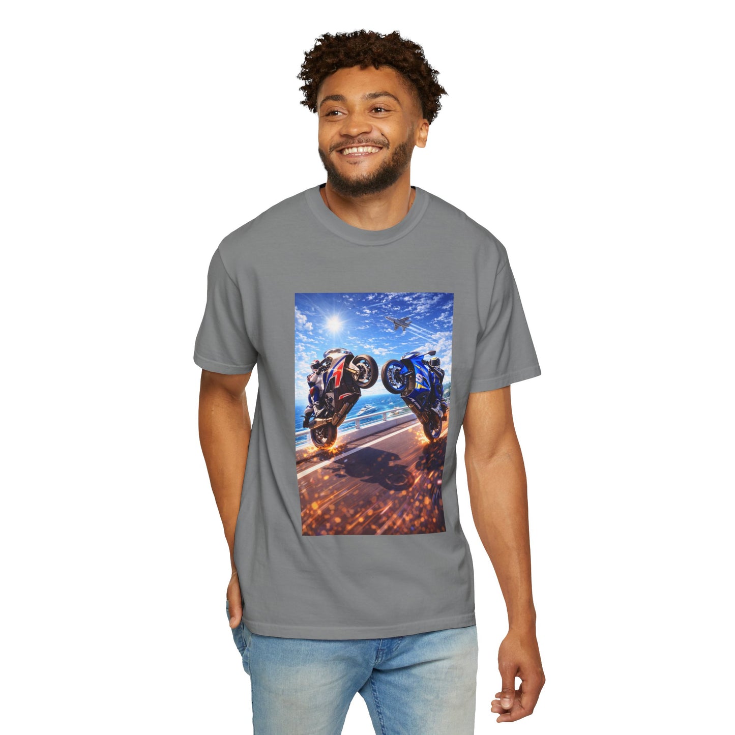 Stunt Riders Motorcycle T-Shirt — Two Bike Wheelie Racing Graphic Tee