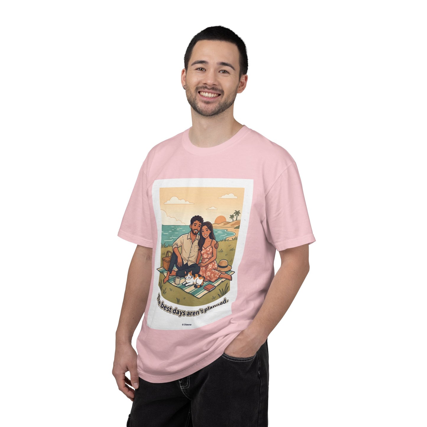 Beach Picnic Couple T‑Shirt — “The best days aren’t planned.” Relaxed Vacation Tee