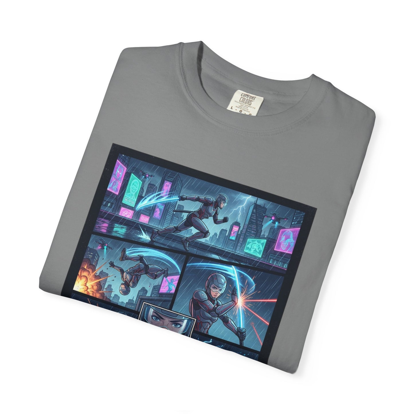 Cyberpunk Girl Samurai T-Shirt — Neon Manga Panel Graphic Tee