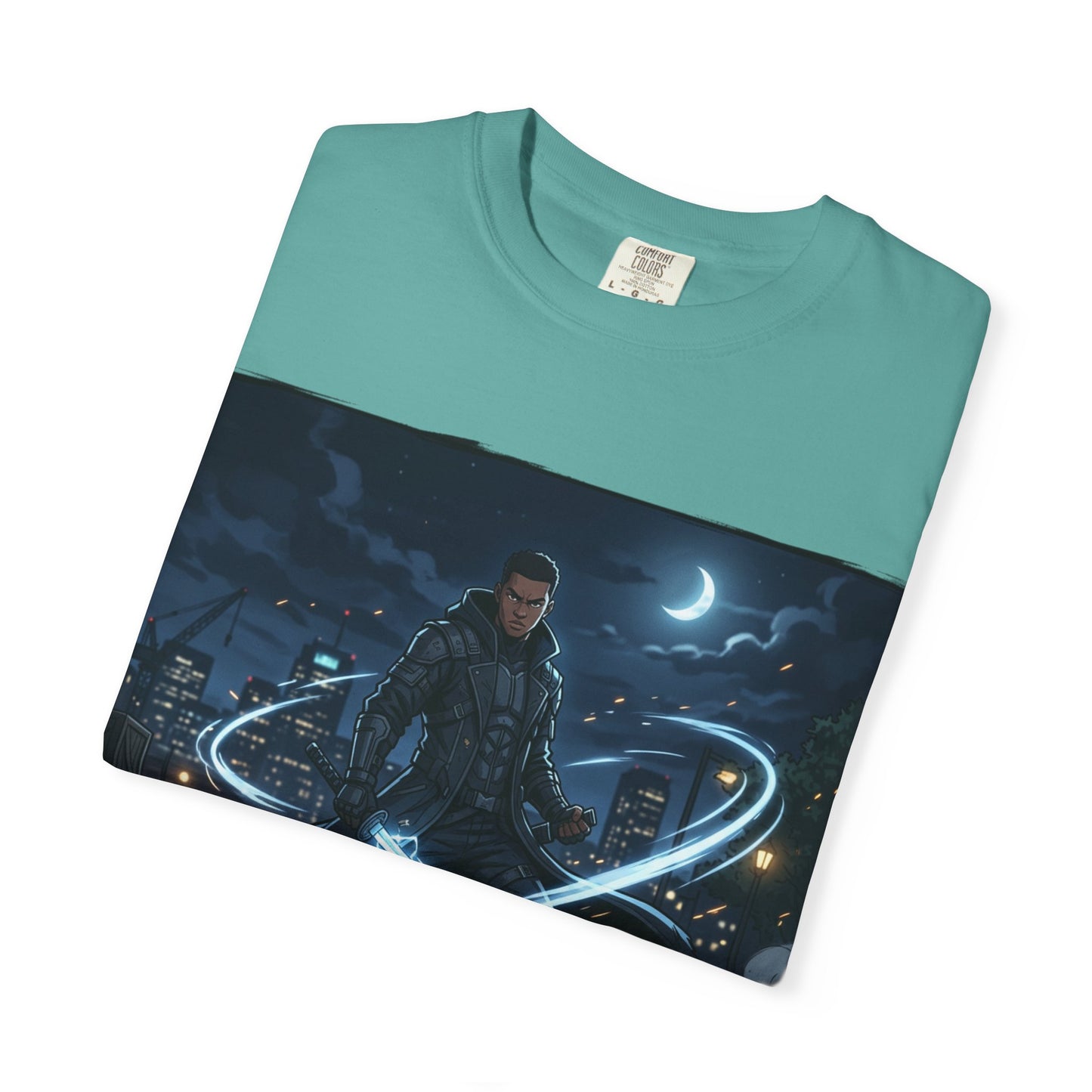 Urban Night Warrior T-Shirt — Neon Samurai Cityscape
