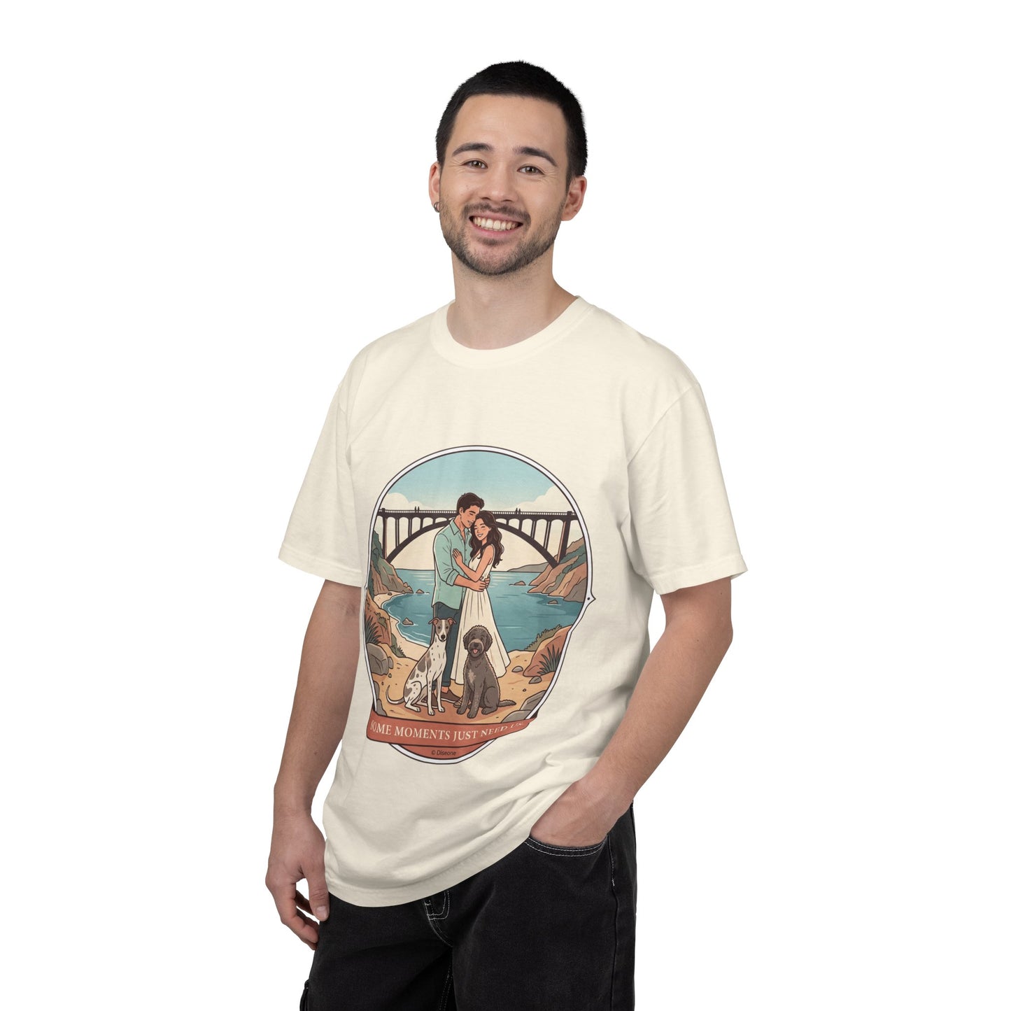 T-Shirt — Romantic Coastal Couples Tee “Some Moments Are Forever” with Dogs