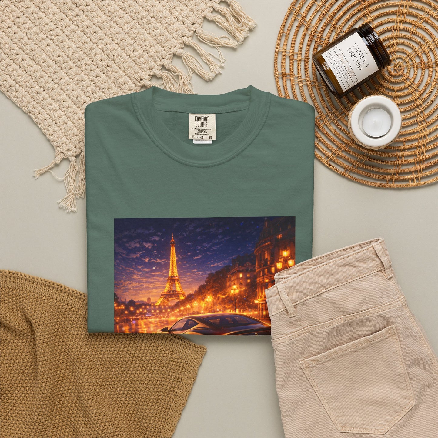 Paris Night Drive T-Shirt — Sports Car in Rainy Cityscape