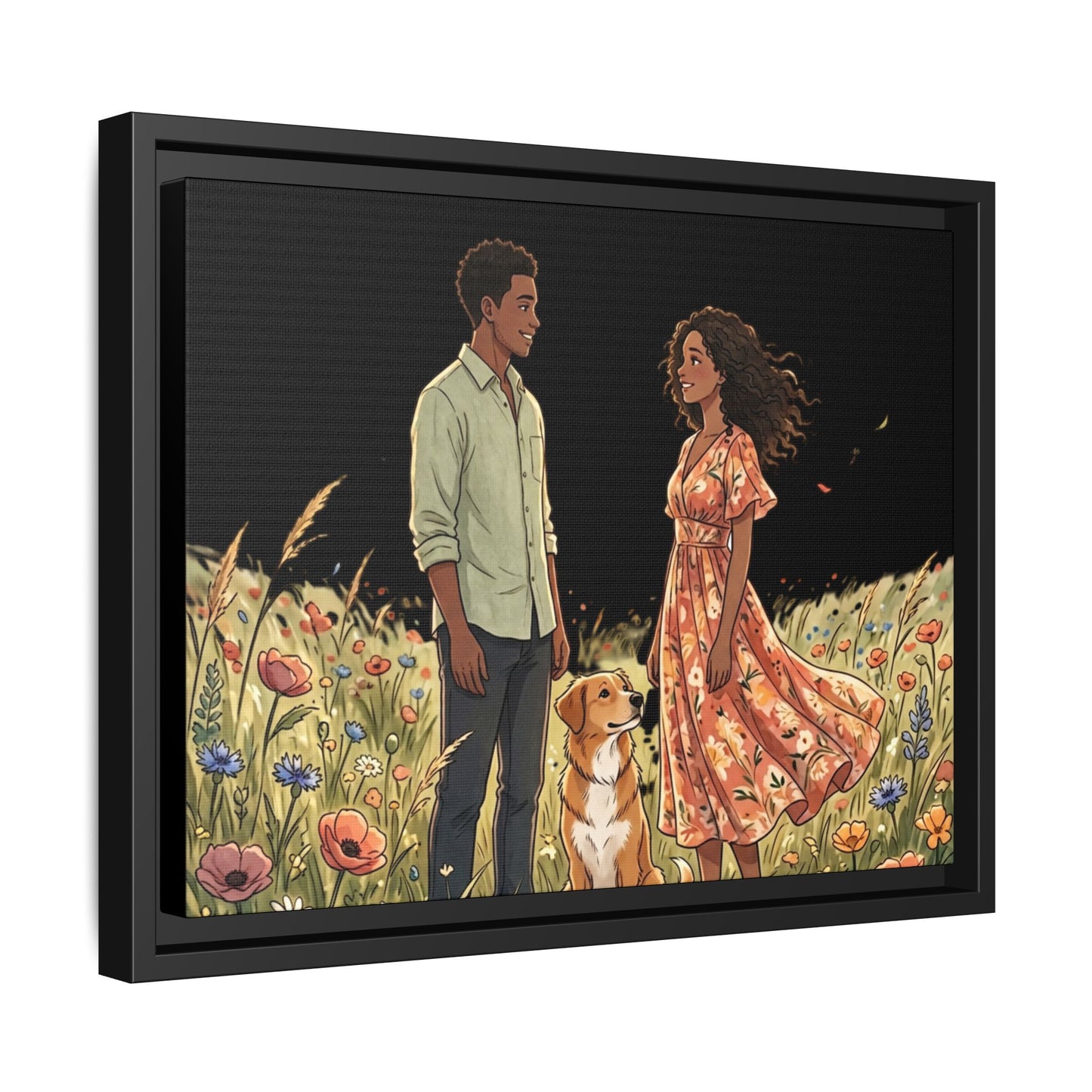 Framed Matte Canvas Print — Romantic Couple in Wildflower Field (Multi‑Color)