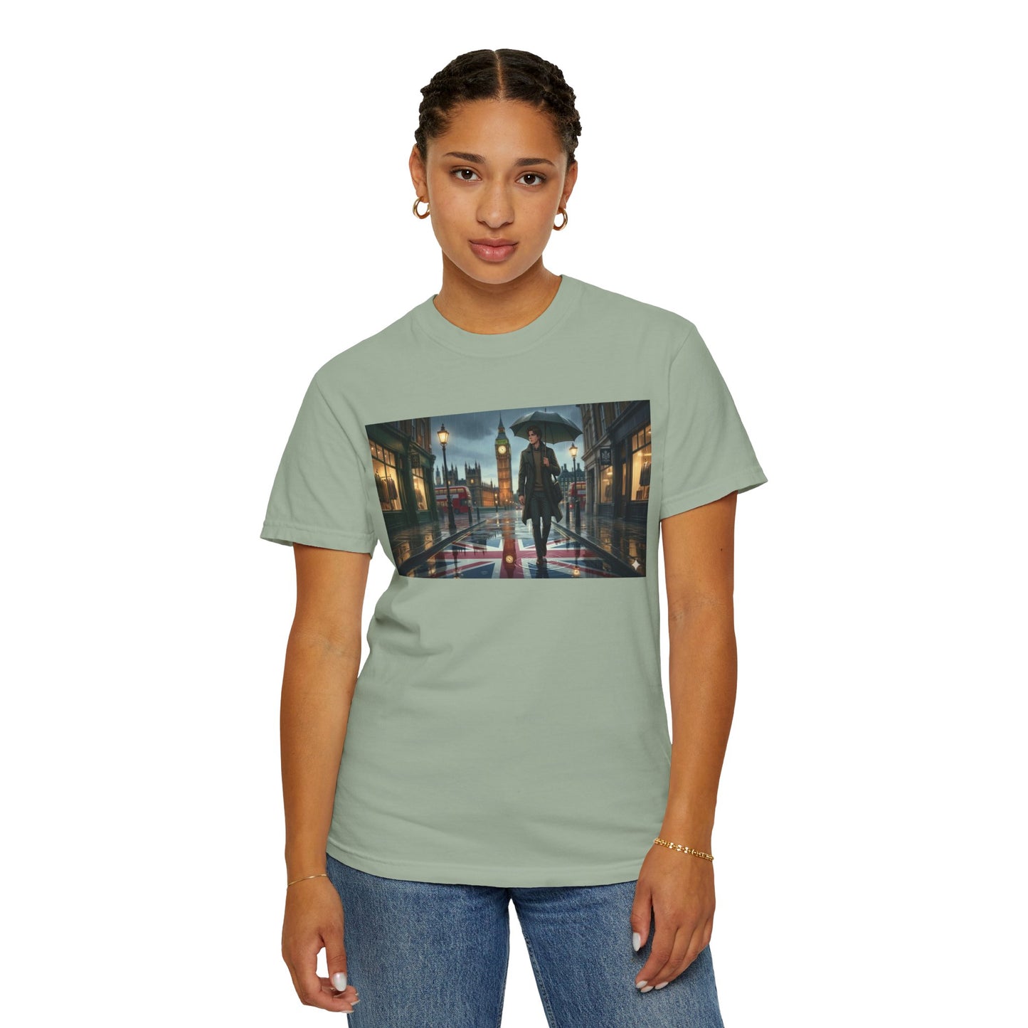 T-Shirt — Rainy London Street Scene Graphic Tee (Big Ben, Umbrella, Night Cityscape)