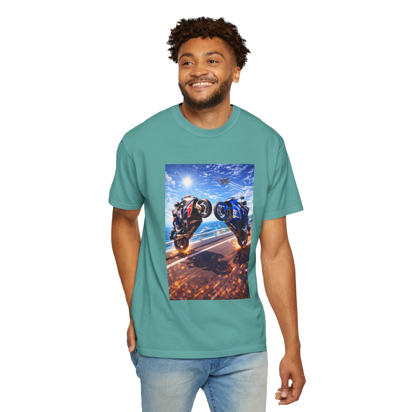 Stunt Riders Motorcycle T-Shirt — Two Bike Wheelie Racing Graphic Tee